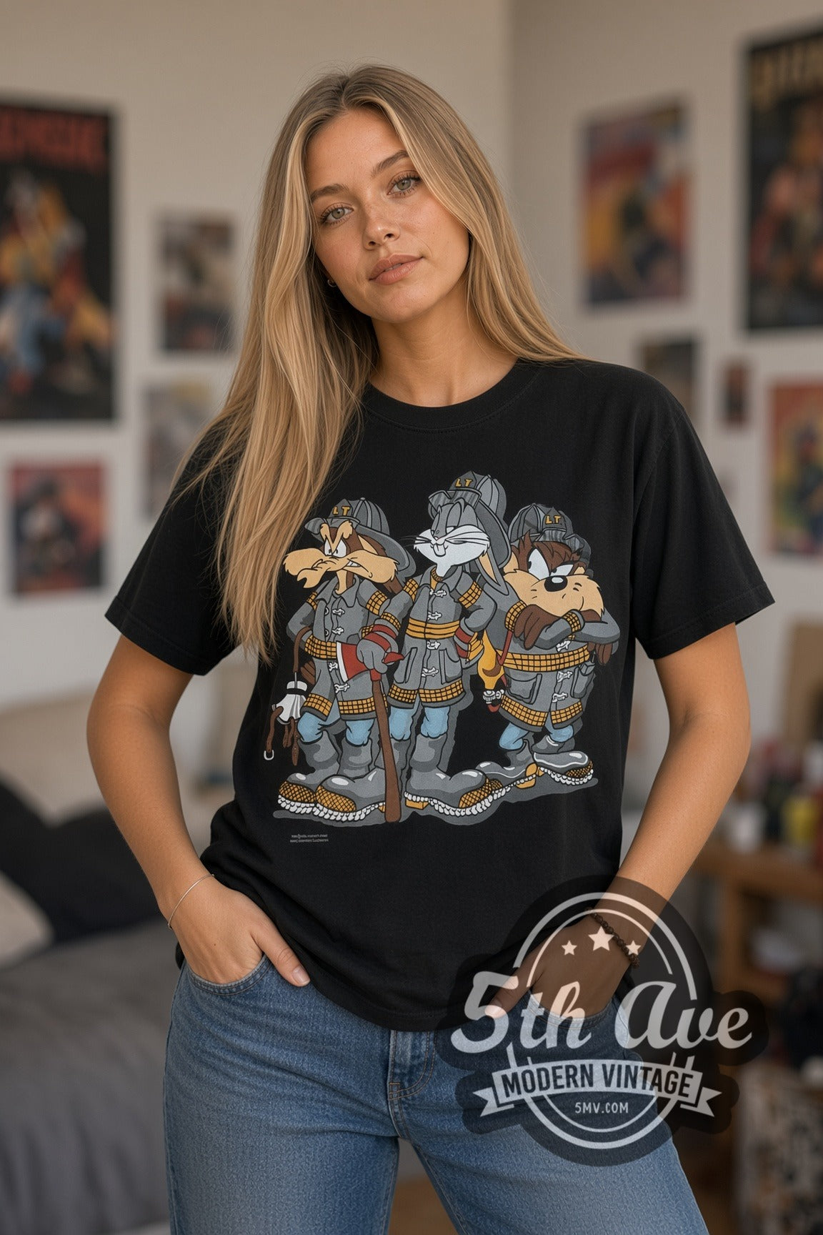 Model wearing the Looney Tunes Bugs Taz Ralph Wolf Firefighters cartoon tee in black