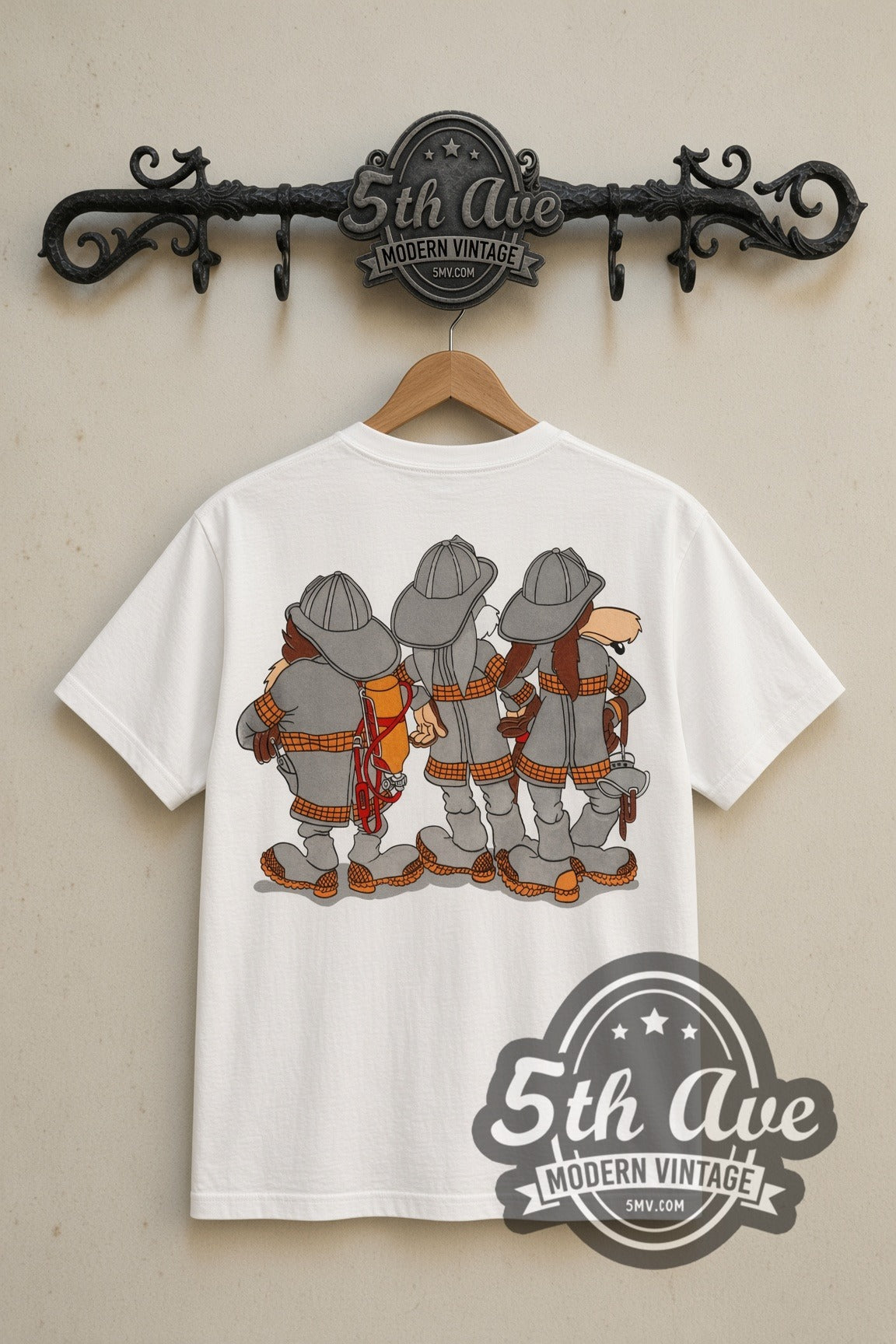 Looney Tunes Bugs Taz Ralph Wolf Firefighters cartoon tee in white, back view on a display rack