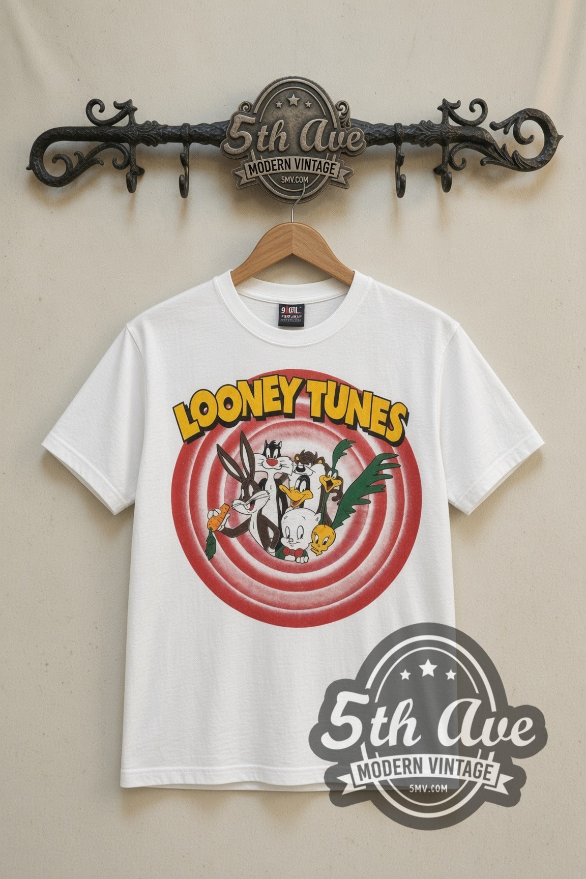 Looney Tunes Bullseye Target Bugs Taz Daffy cartoon tee in white, front view on a display rack