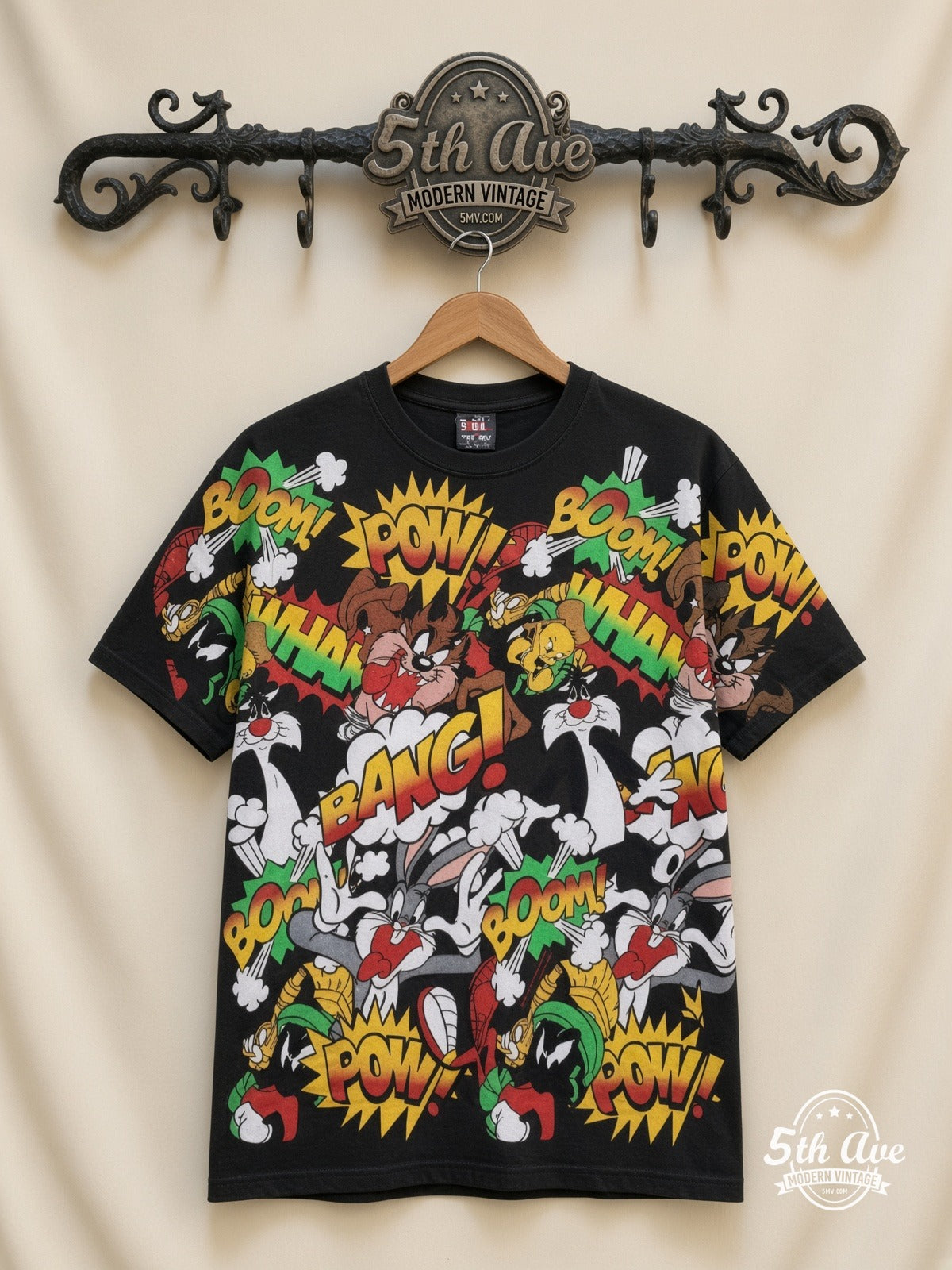 Looney Tunes Comic POW BANG Action Collage all over print vintage cartoon t-shirt front on cream 5th Ave rack