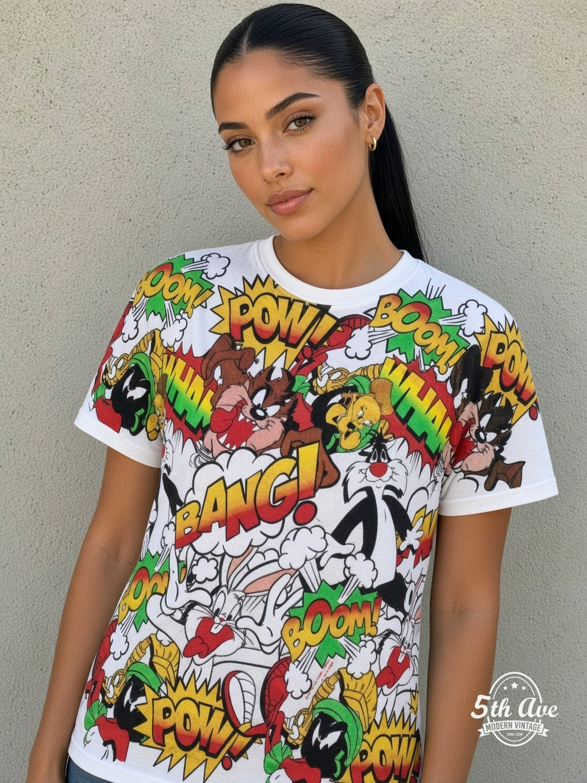 Looney Tunes Comic POW BANG Action Collage vintage tee model wearing