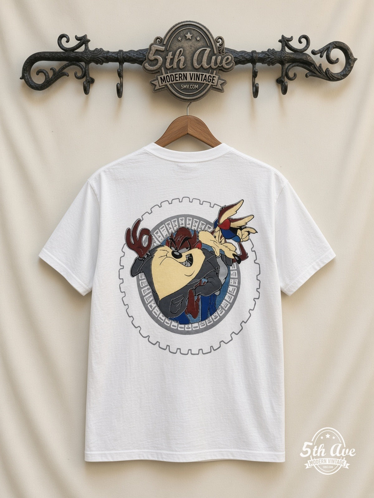 Looney Tunes Cool Riders Taz Wile E Motorcycle all over print vintage tee back on cream 5th Ave rack