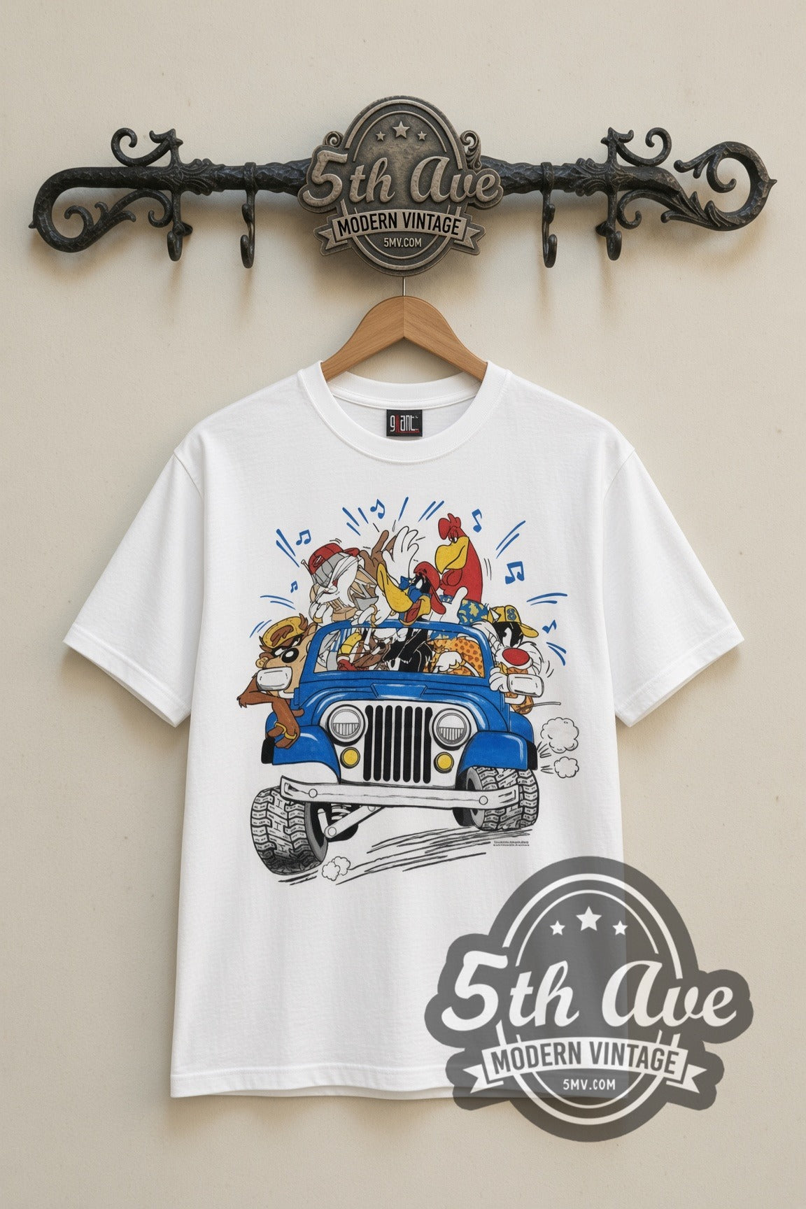 Looney Tunes Jeep Road Trip cartoon tee in white, front view on a display rack