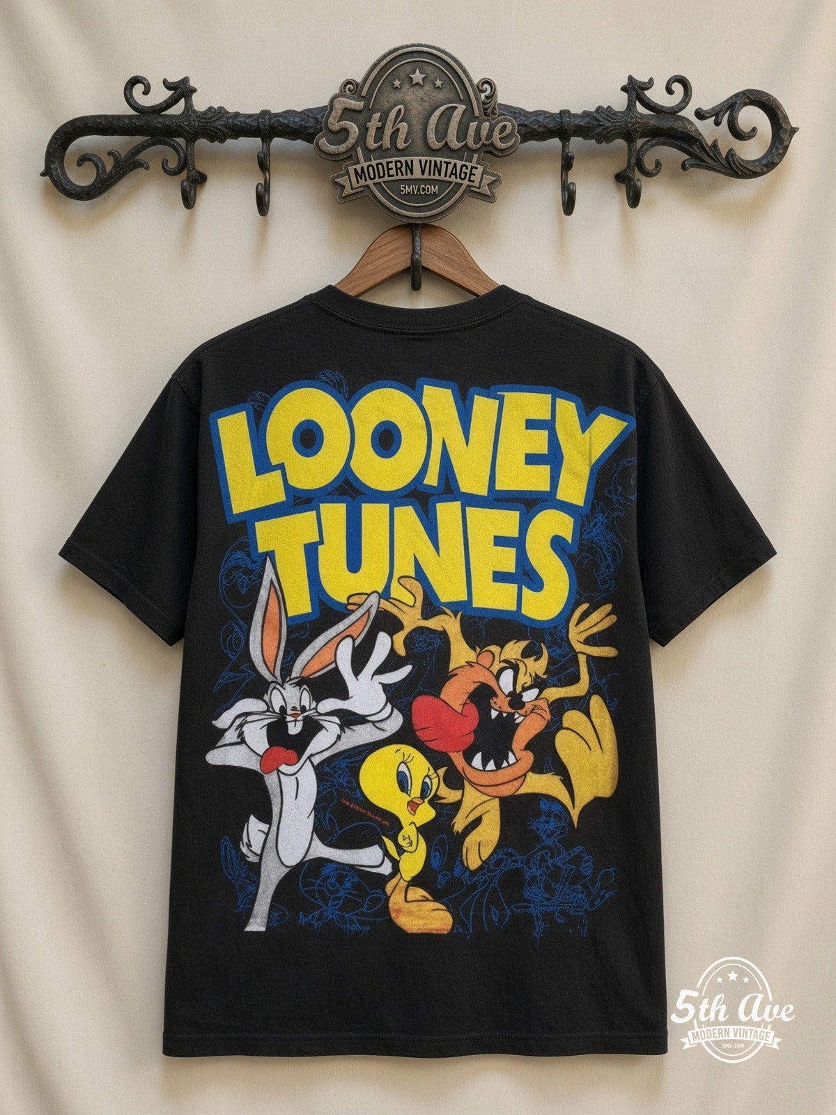 Looney Tunes Logo Bugs Tweety Taz Crew all over print vintage tee back on cream 5th Ave rack