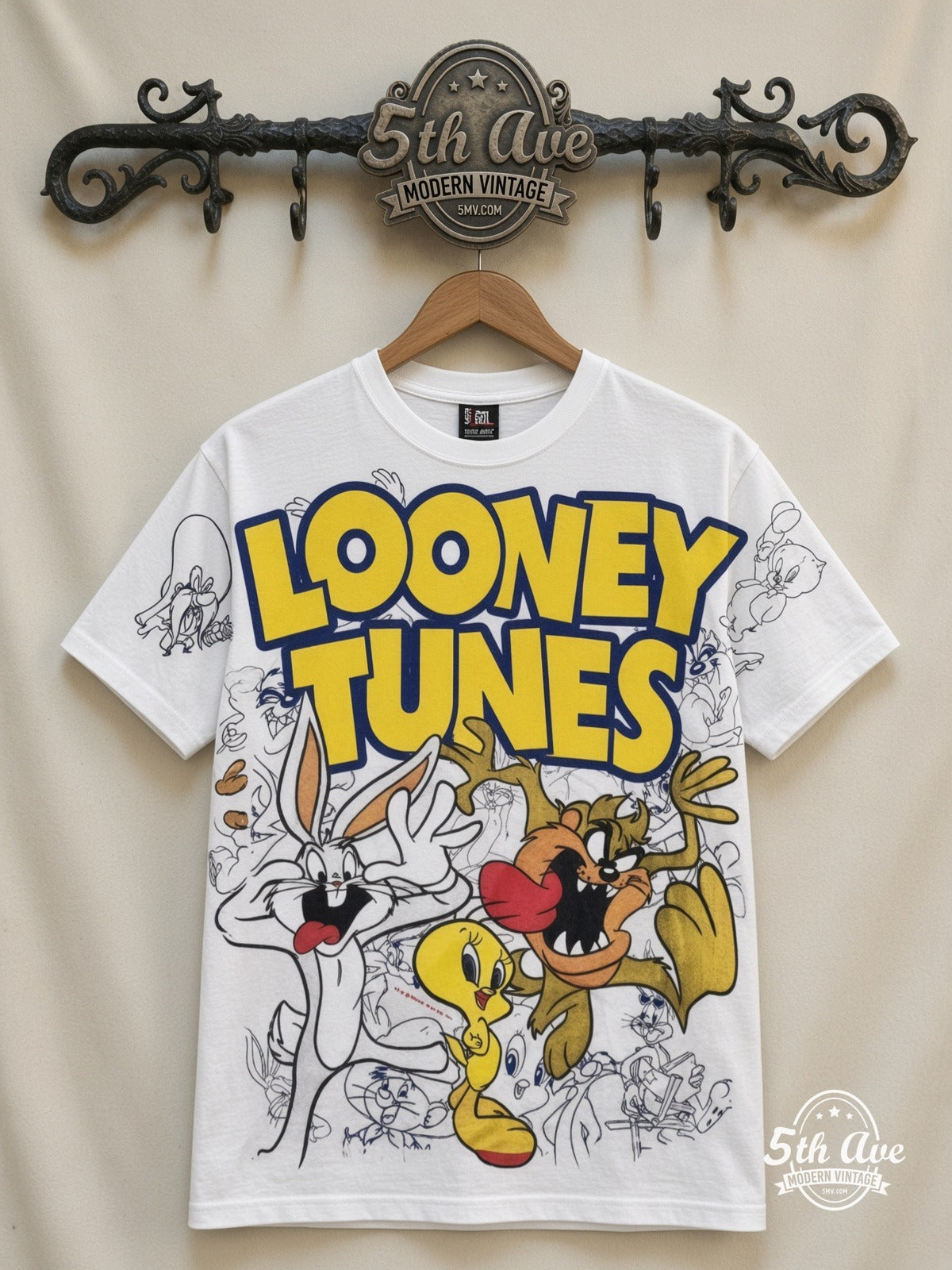 Looney Tunes Logo Bugs Tweety Taz Crew all over print vintage cartoon t-shirt front on cream 5th Ave rack