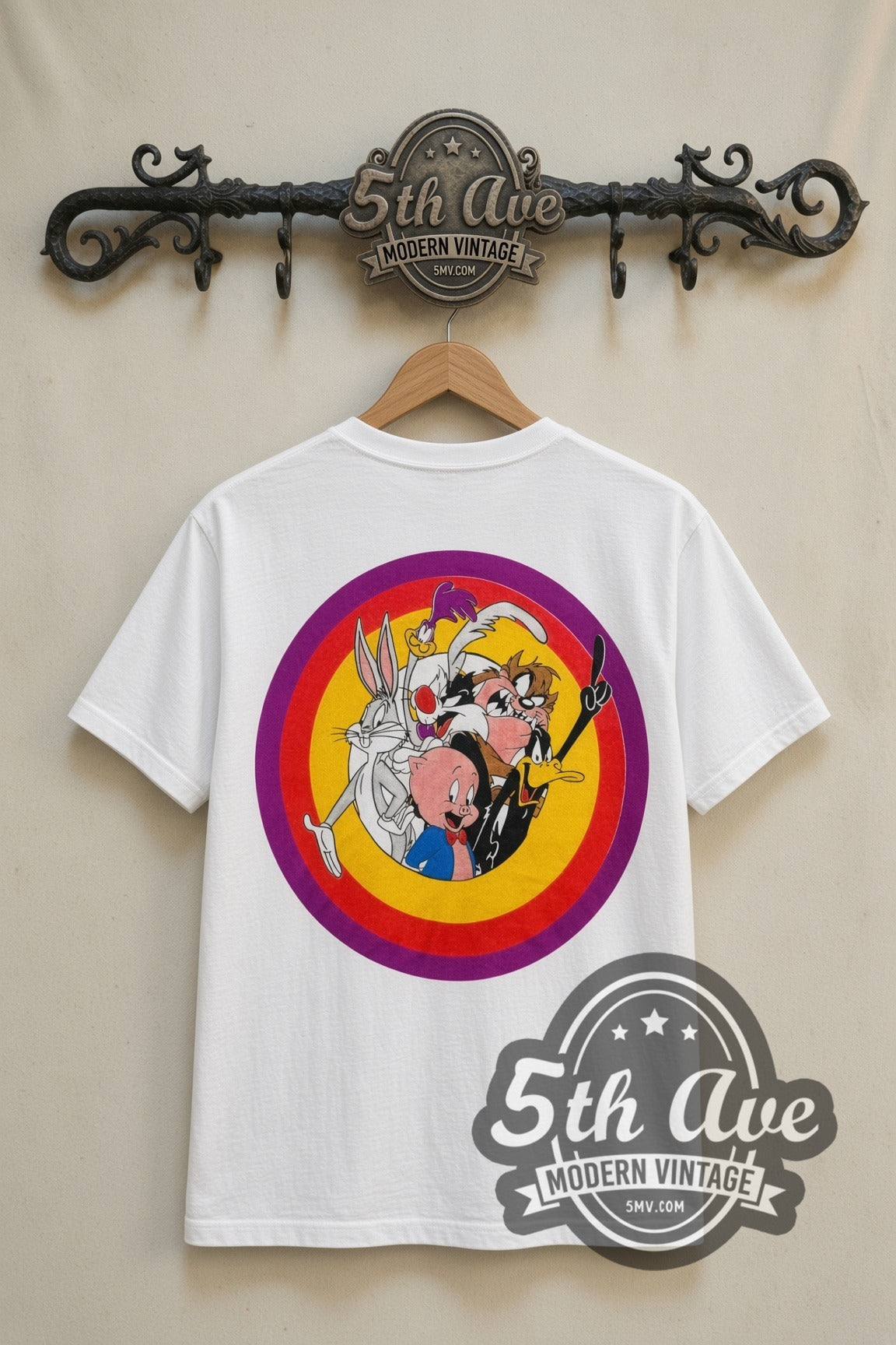 Looney Tunes Loonatic Biker Circle cartoon tee in white, back view on a display rack
