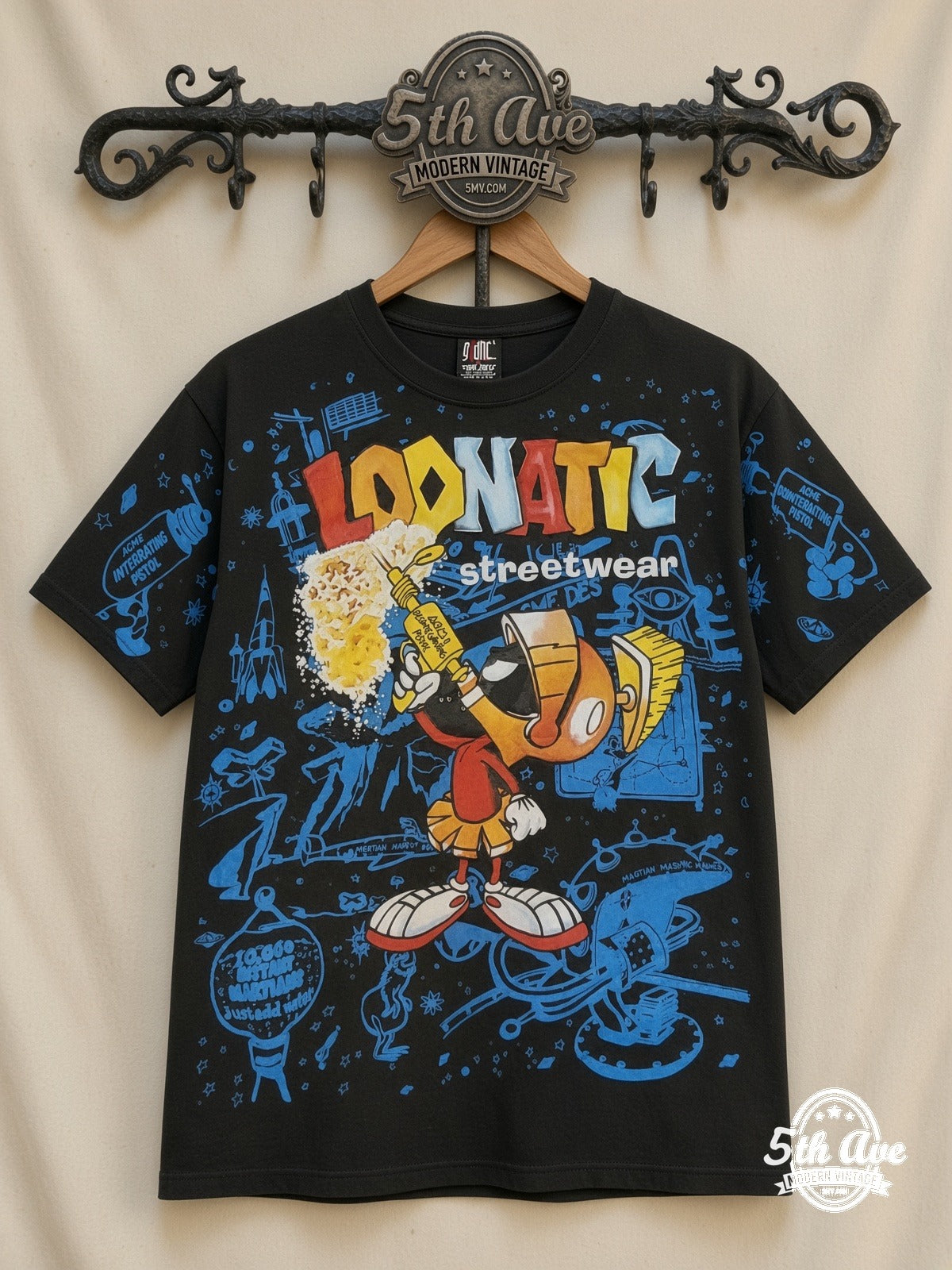 Looney Tunes Marvin Loonatic Streetwear Boombox all over print vintage cartoon t-shirt front on cream 5th Ave rack