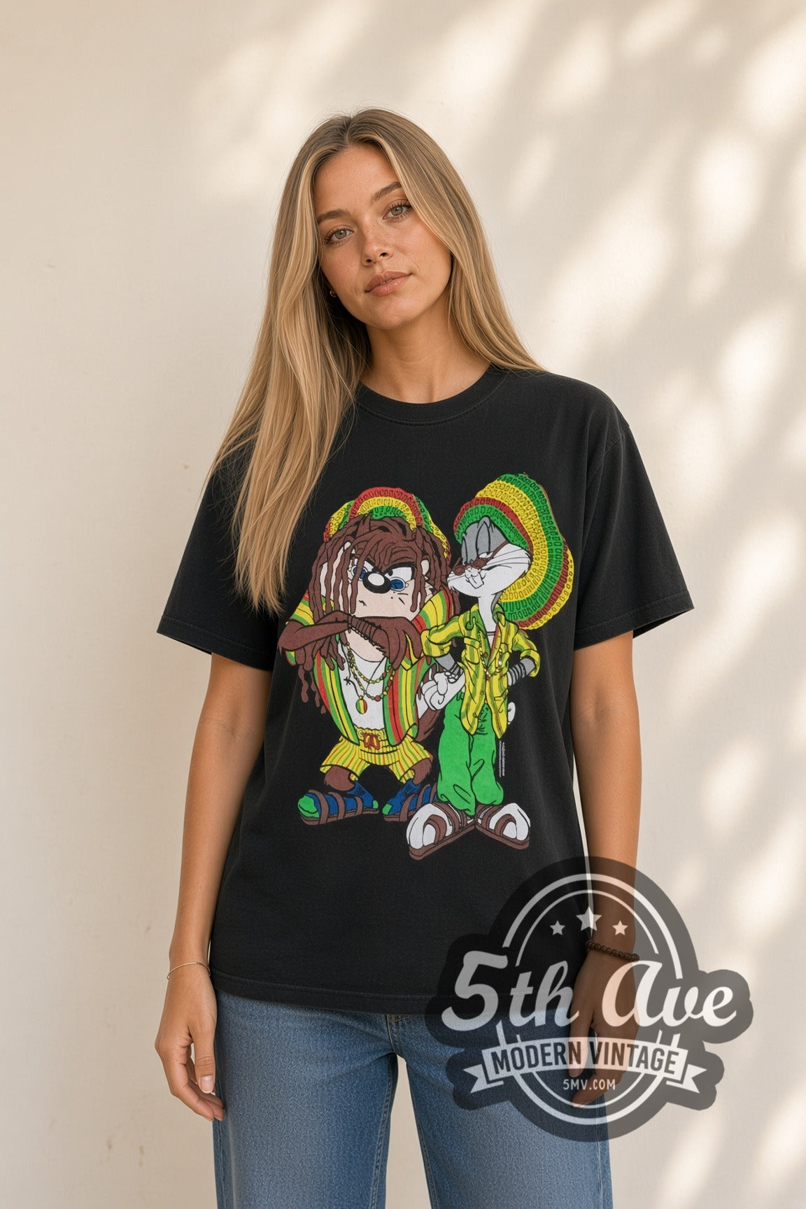Model wearing the Looney Tunes Rasta Bugs and Taz cartoon tee in black