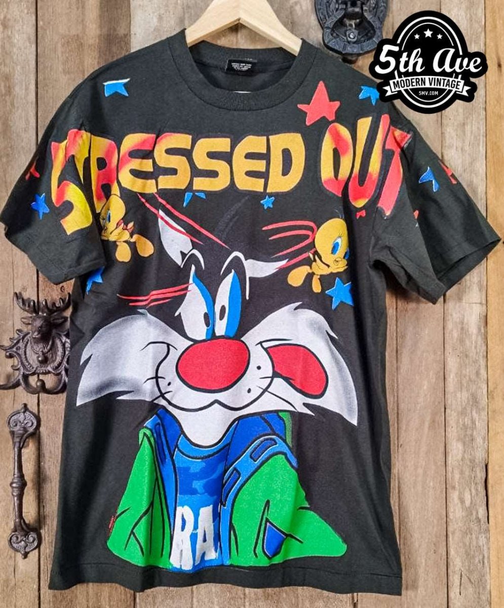 Looney Tunes Sylvester and Tweety Stressed Out - AOP all over print New Vintage Animation T shirt - Vintage Band Shirts