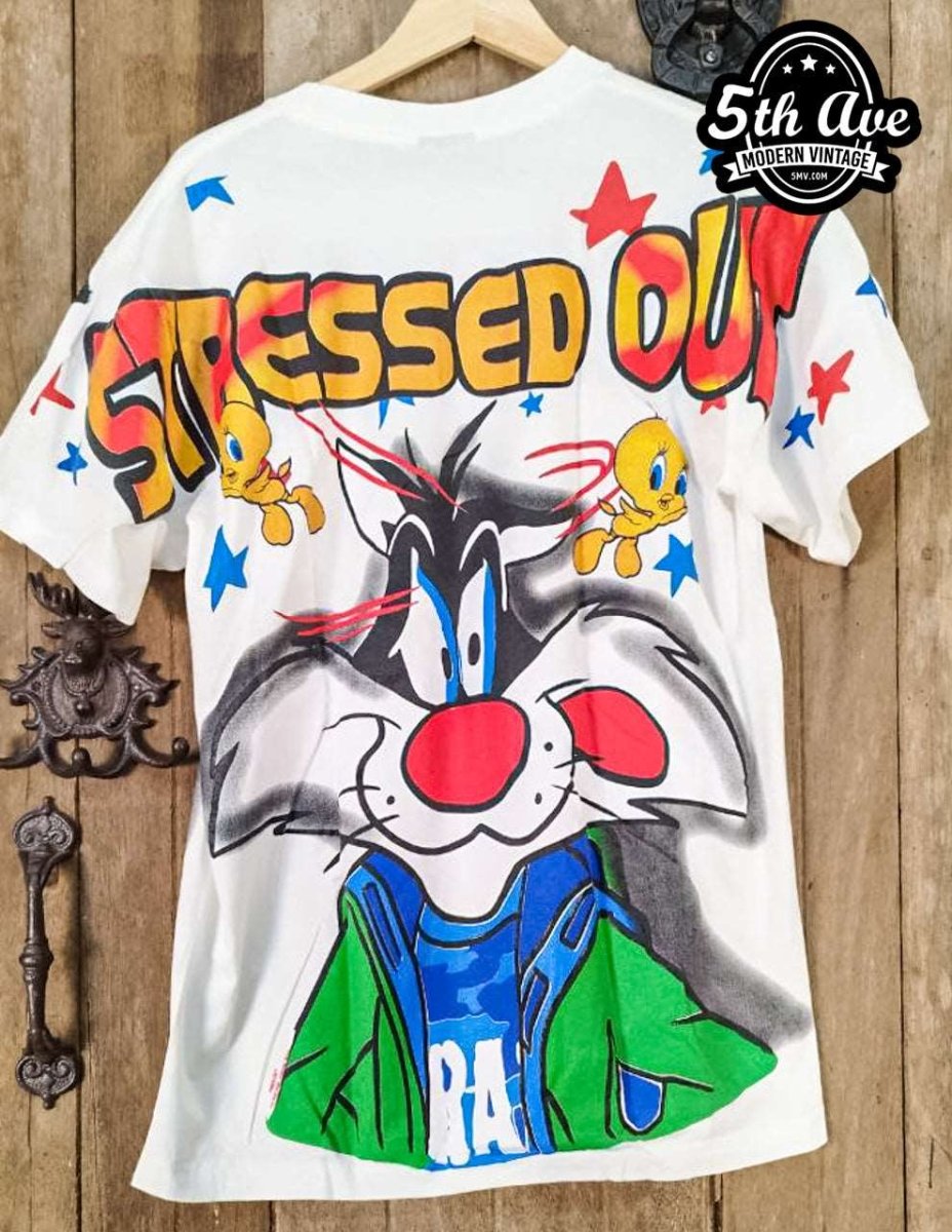 Looney Tunes Sylvester and Tweety Stressed Out - AOP all over print New Vintage Animation T shirt - Vintage Band Shirts