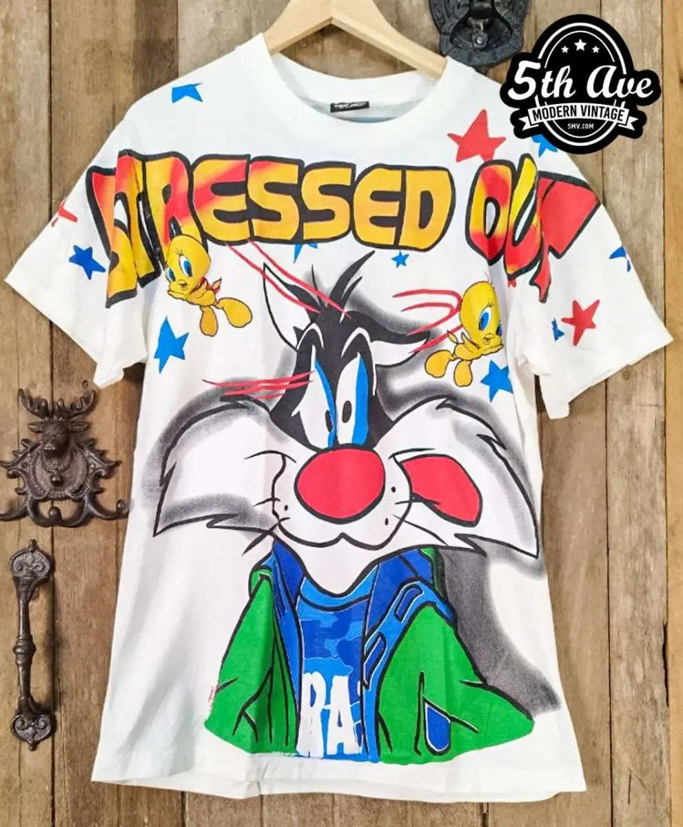 Looney Tunes Sylvester and Tweety Stressed Out - AOP all over print New Vintage Animation T shirt - Vintage Band Shirts