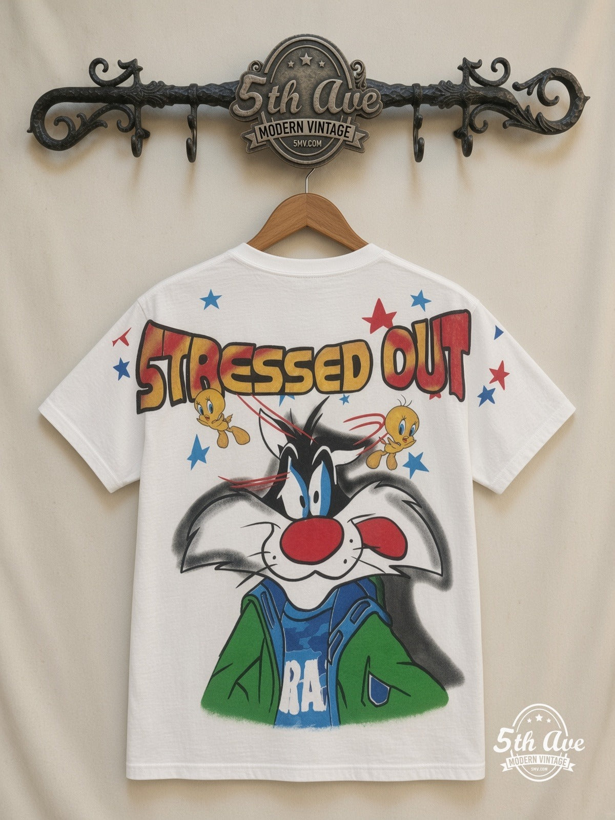 Looney Tunes Sylvester Tweety Stressed Out all over print vintage tee back on cream 5th Ave rack