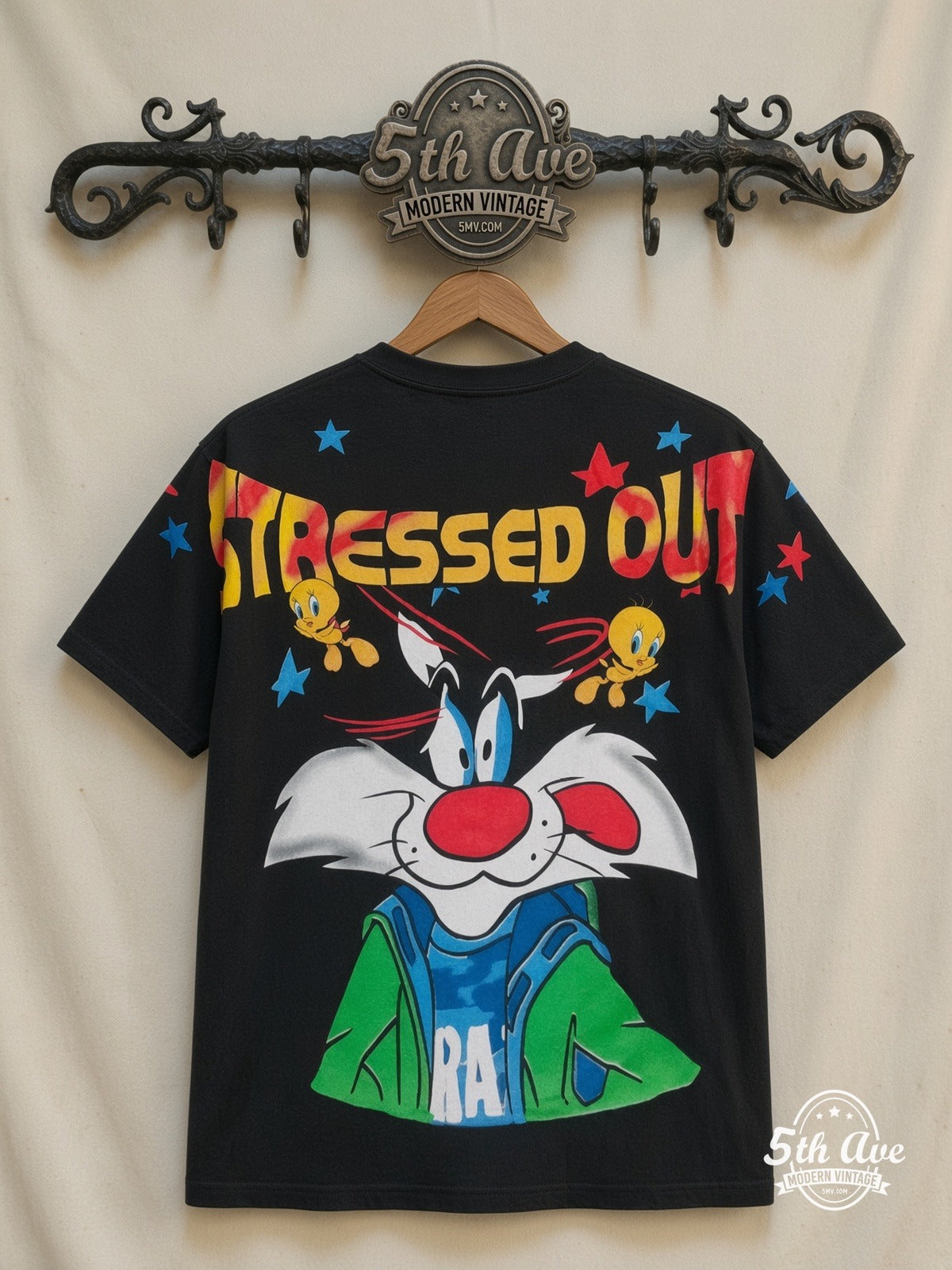 Looney Tunes Sylvester Tweety Stressed Out all over print vintage tee back on cream 5th Ave rack