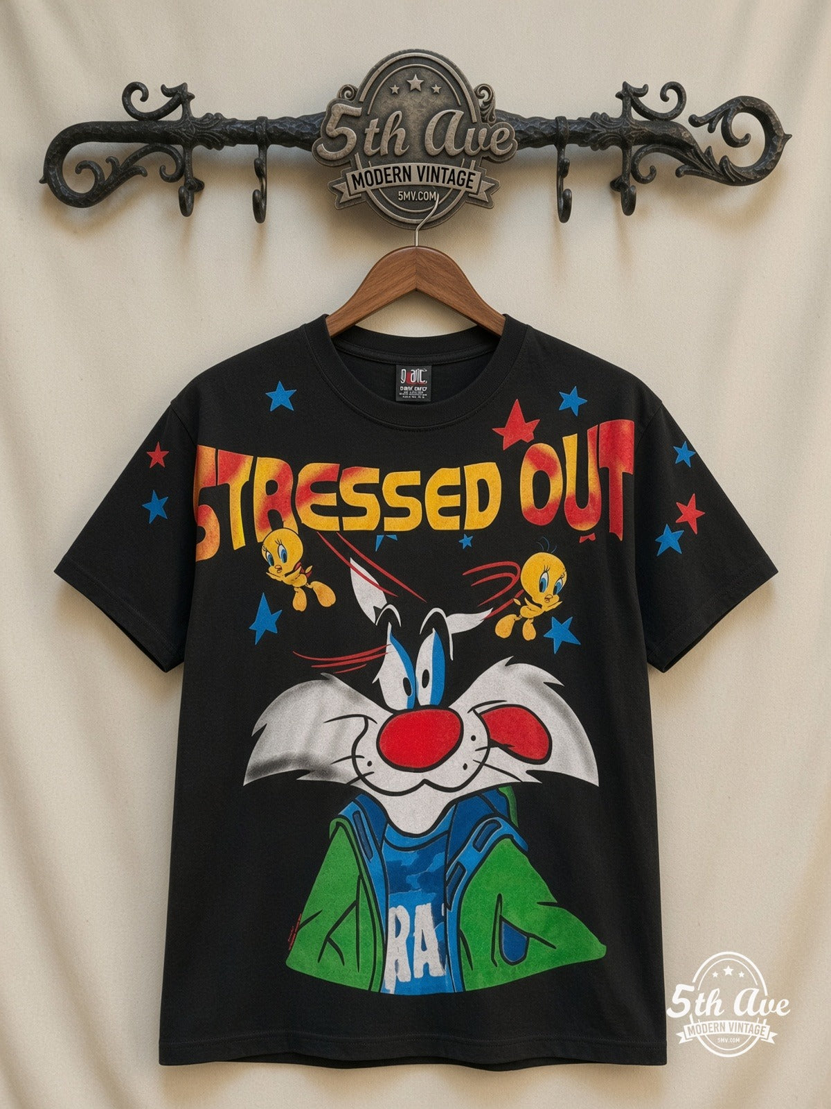 Looney Tunes Sylvester Tweety Stressed Out all over print vintage cartoon t-shirt front on cream 5th Ave rack