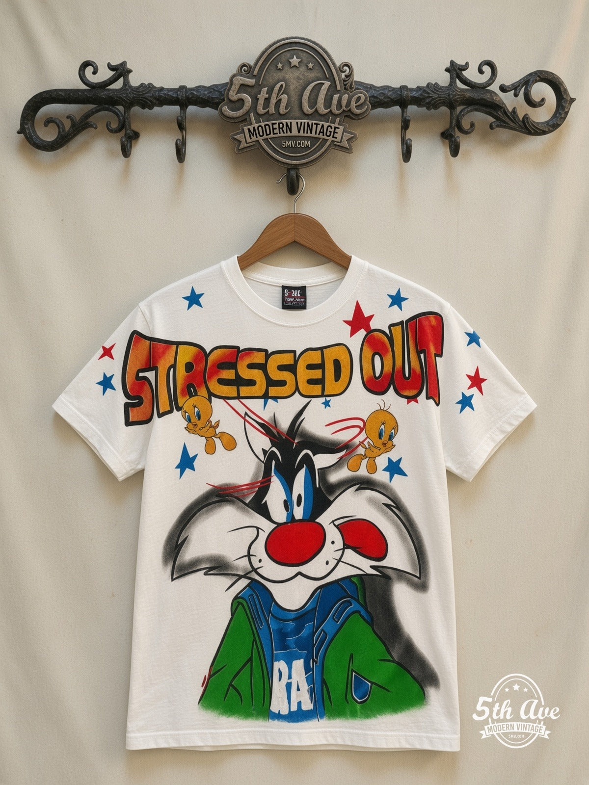 Looney Tunes Sylvester Tweety Stressed Out all over print vintage cartoon t-shirt front on cream 5th Ave rack