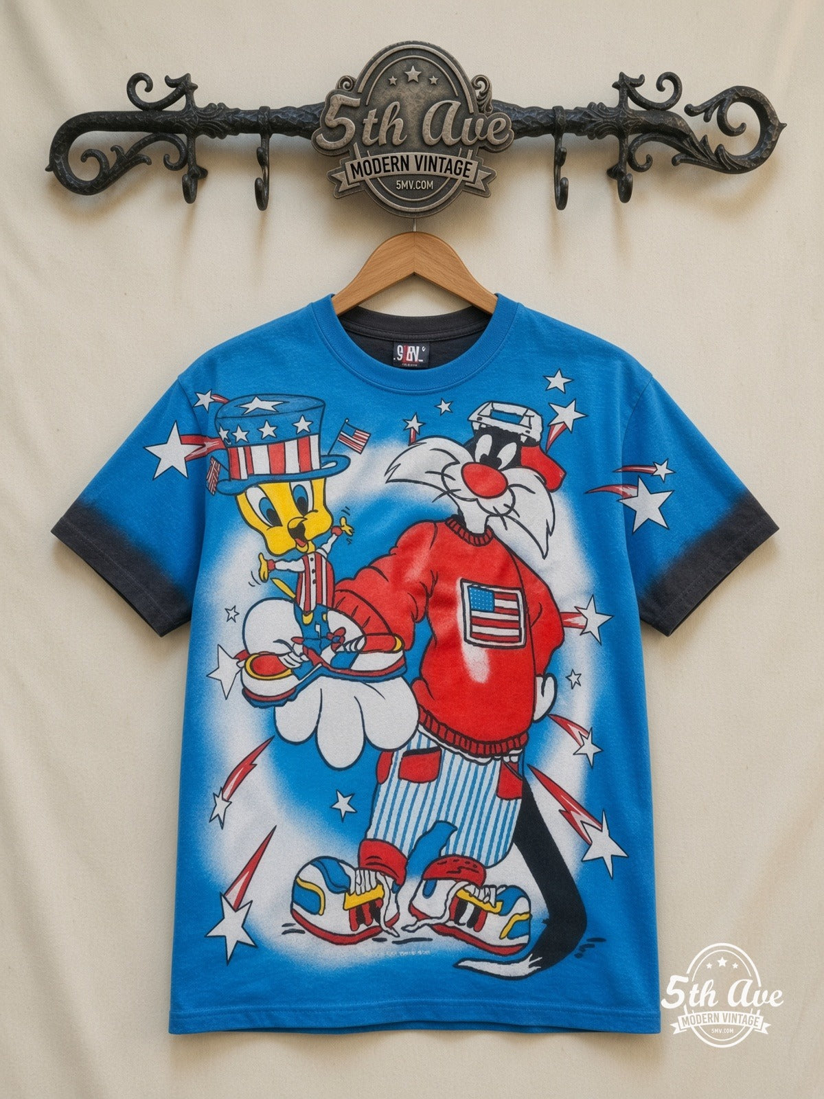 Looney Tunes Sylvester Uncle Sam Patriotic all over print vintage cartoon t-shirt front on cream 5th Ave rack