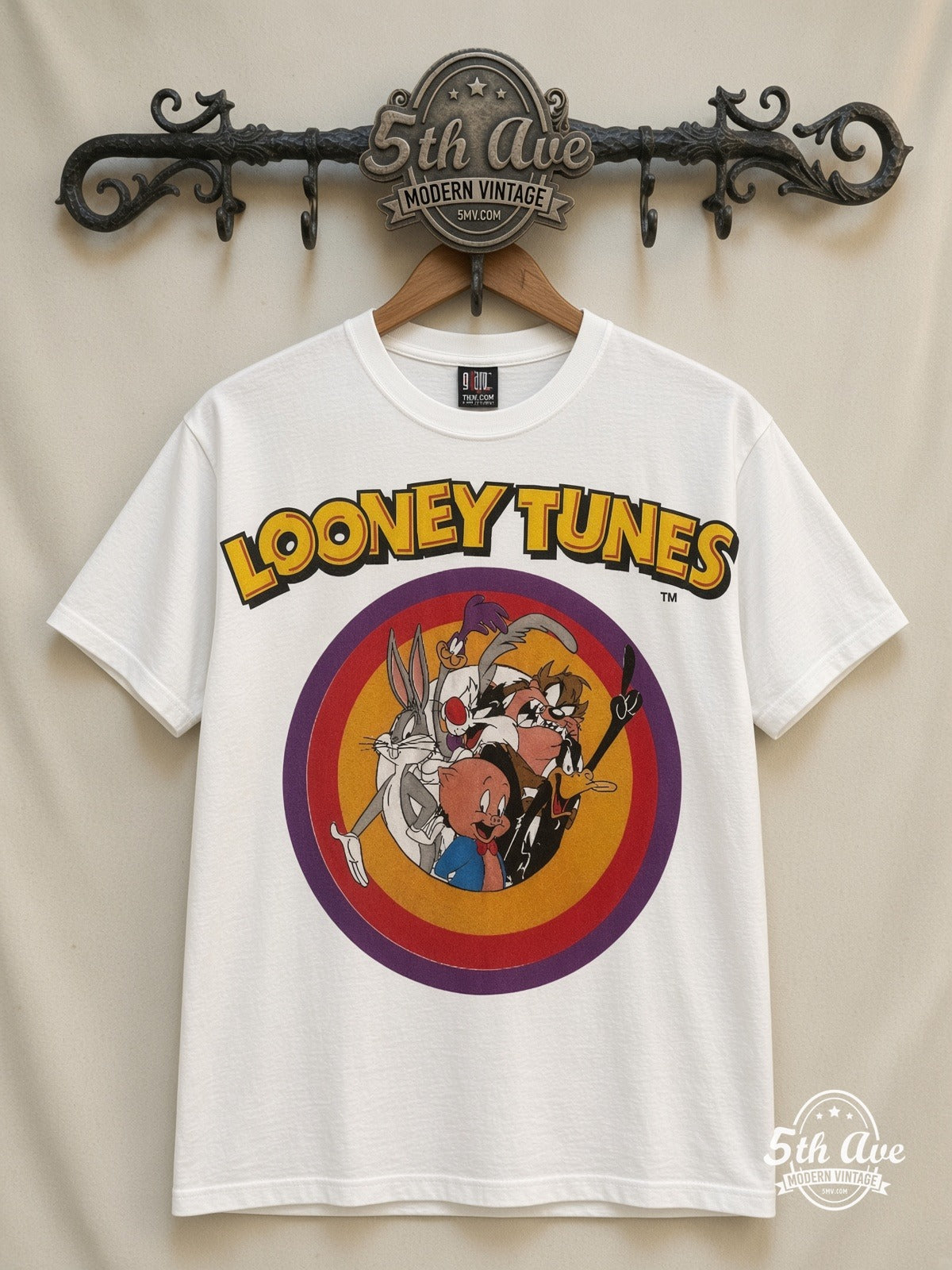 Looney Tunes Circle Badge Group White vintage cartoon t-shirt front on cream 5th Ave rack