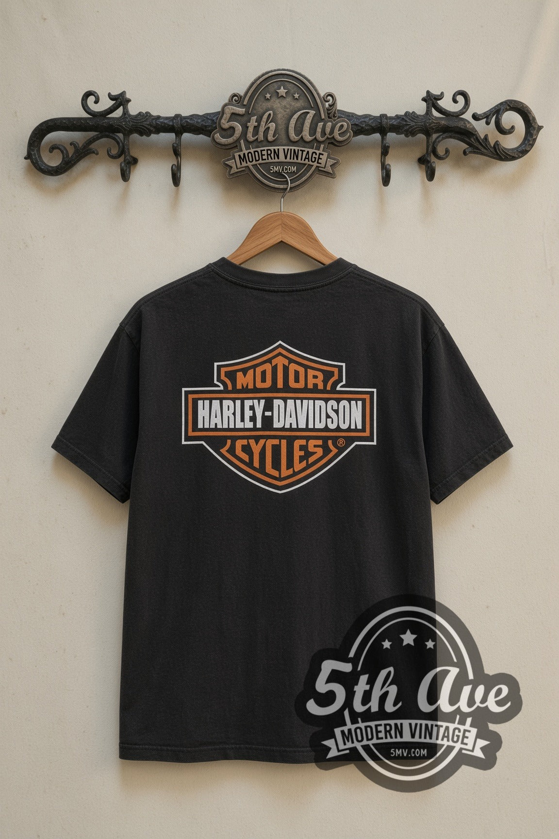 Looney Tunes Taz Bad to the Bone Harley cartoon tee in black, back view on a display rack