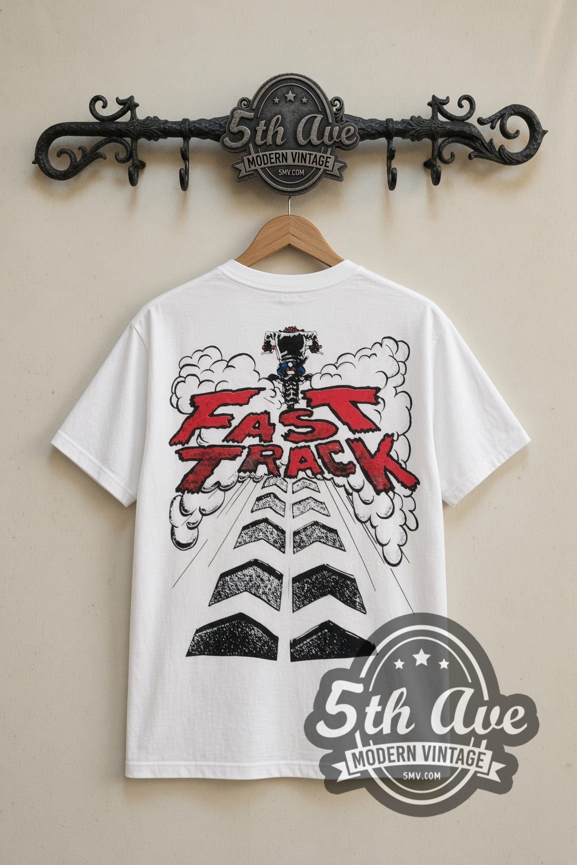 Looney Tunes Taz Fast Track cartoon tee in white, back view on a display rack