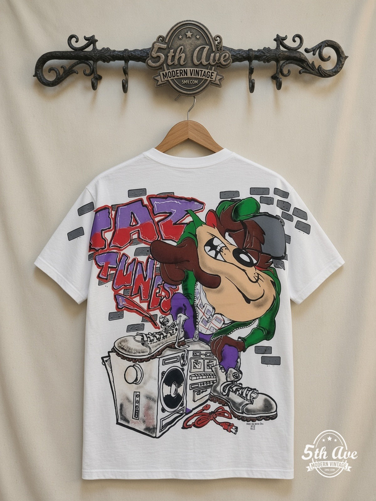 Looney Tunes Taz Funk Boombox all over print vintage tee back on cream 5th Ave rack