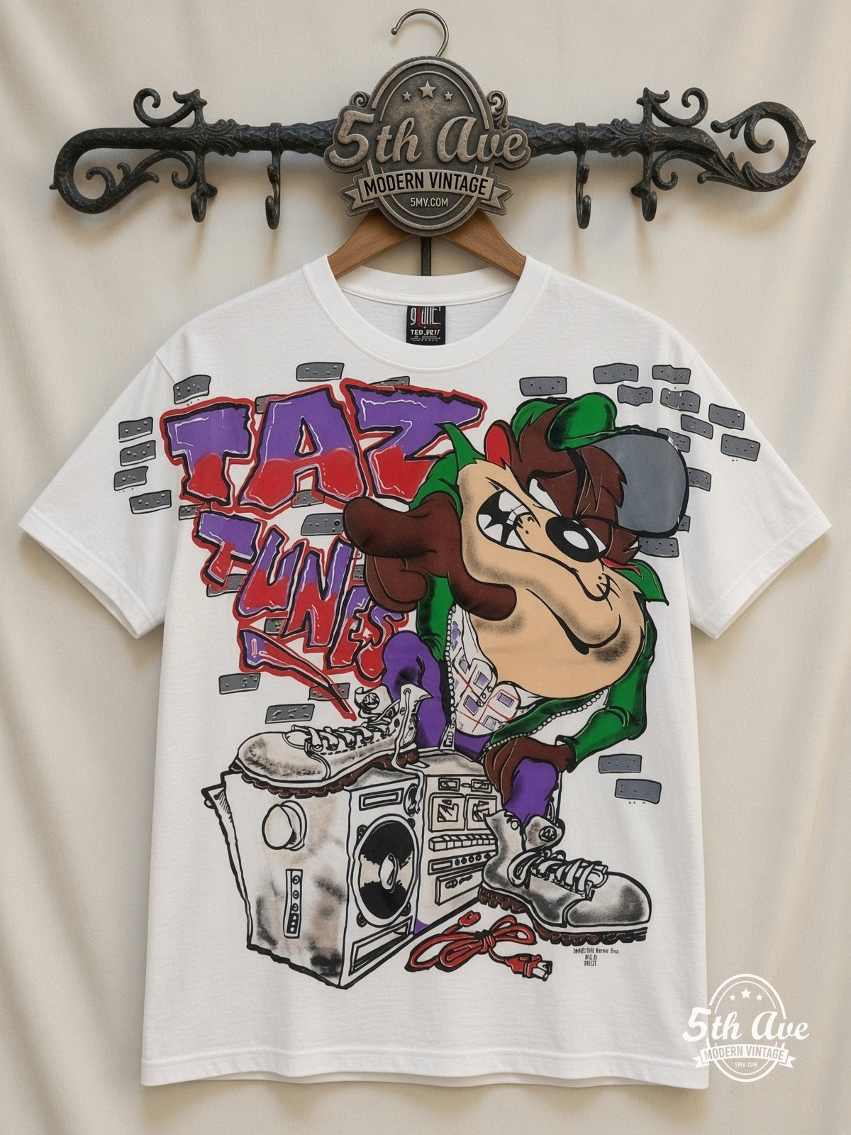 Looney Tunes Taz Funk Boombox all over print vintage cartoon t-shirt front on cream 5th Ave rack