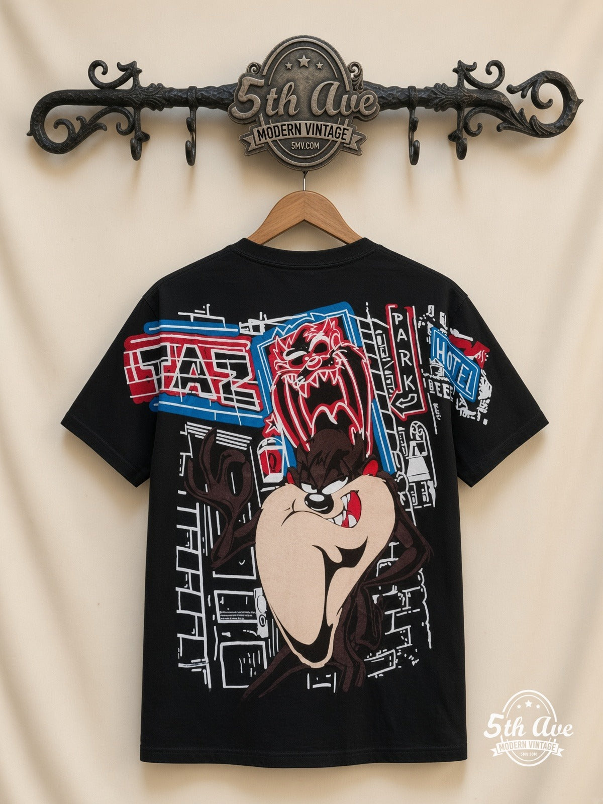 Looney Tunes Taz Graffiti Street all over print vintage tee back on cream 5th Ave rack