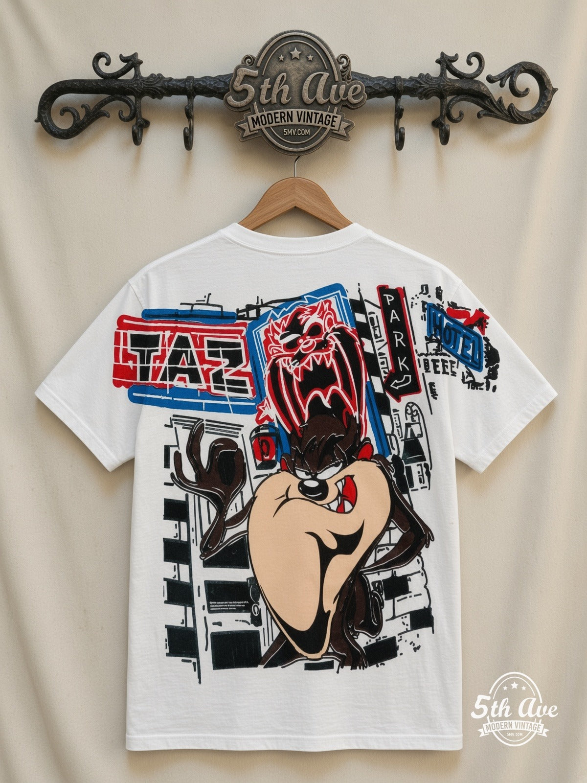 Looney Tunes Taz Graffiti Street all over print vintage tee back on cream 5th Ave rack