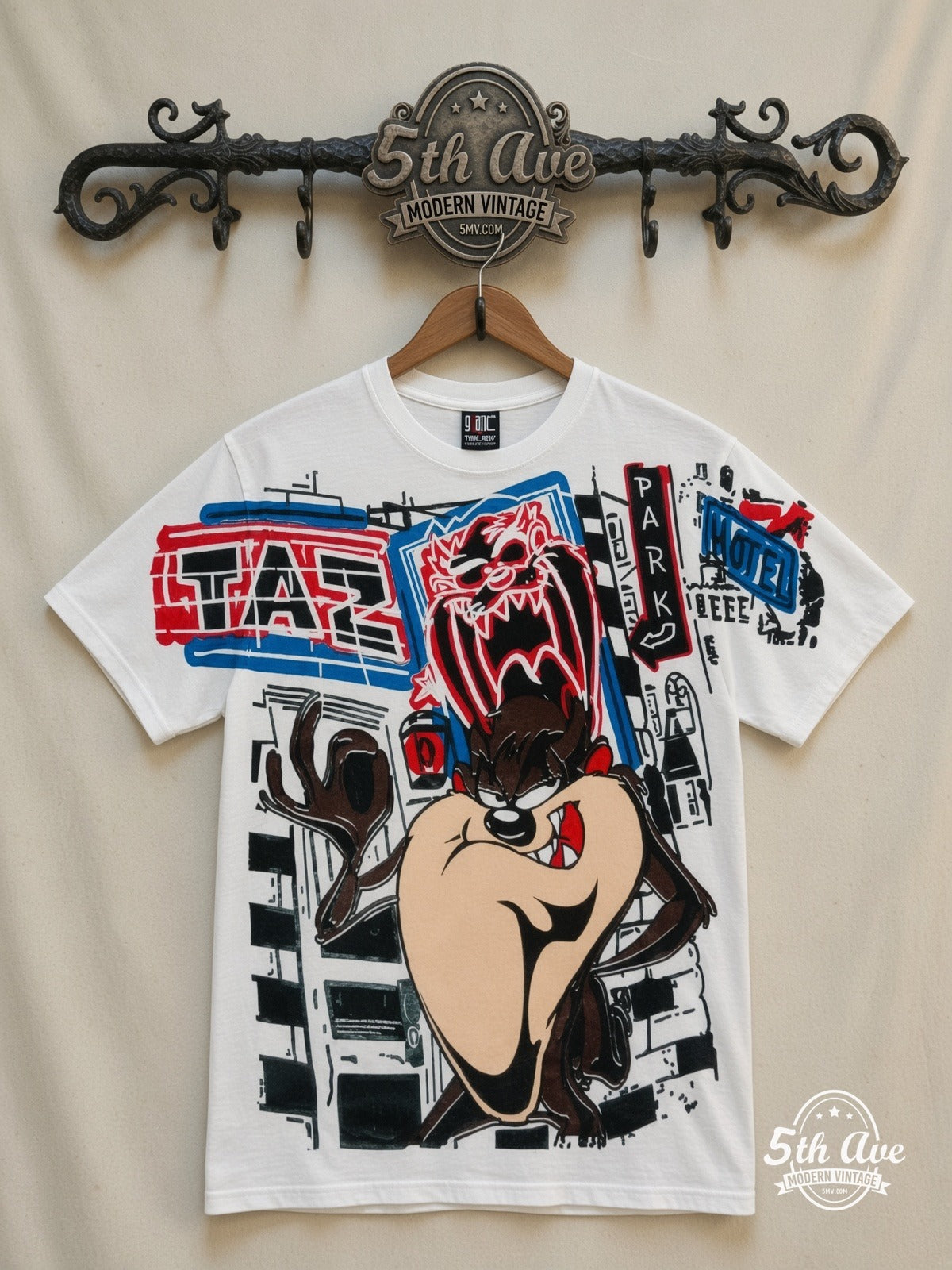 Looney Tunes Taz Graffiti Street all over print vintage cartoon t-shirt front on cream 5th Ave rack
