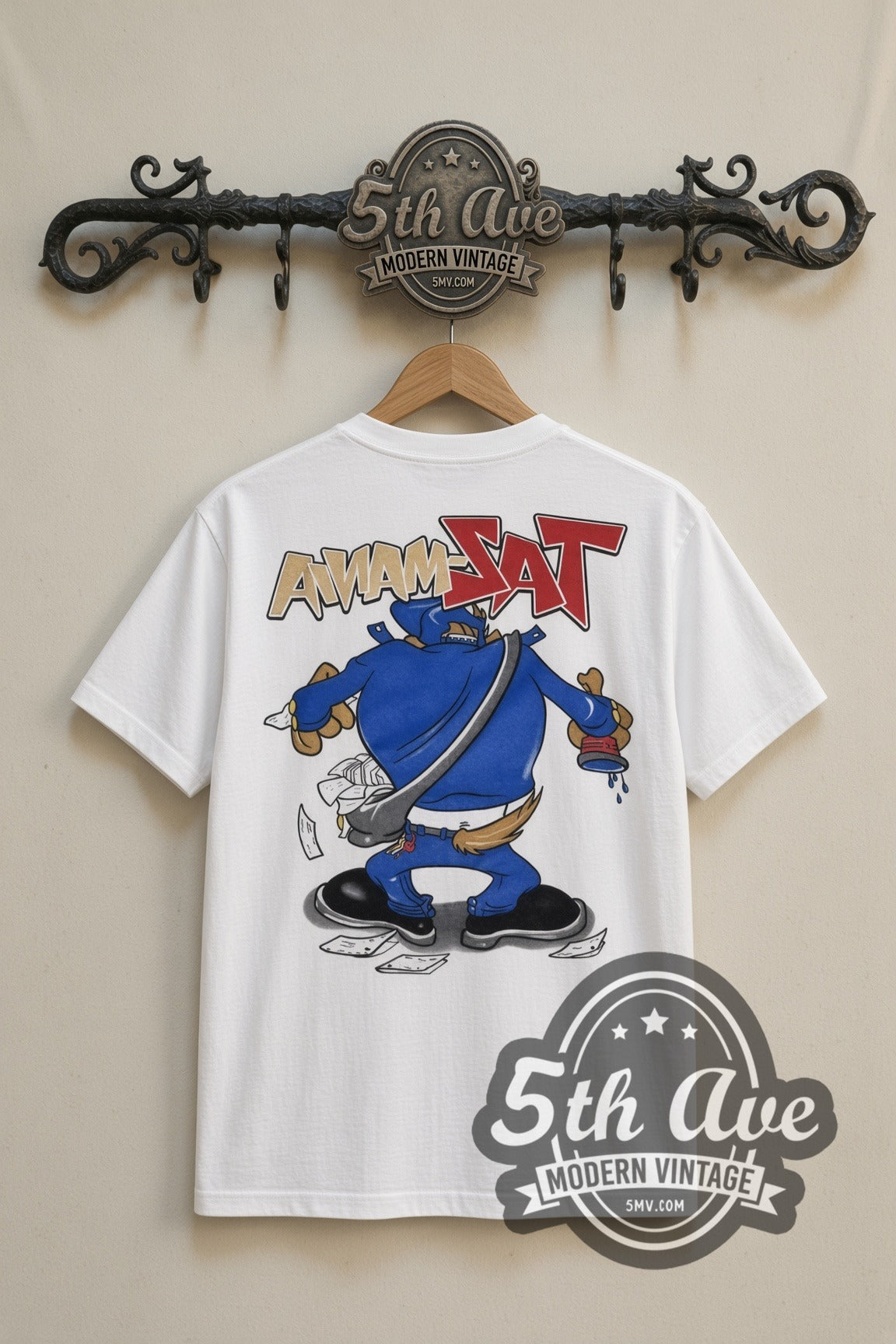 Looney Tunes Taz Hip-Hop Streetwear with Gossamer cartoon tee in white, back view on a display rack