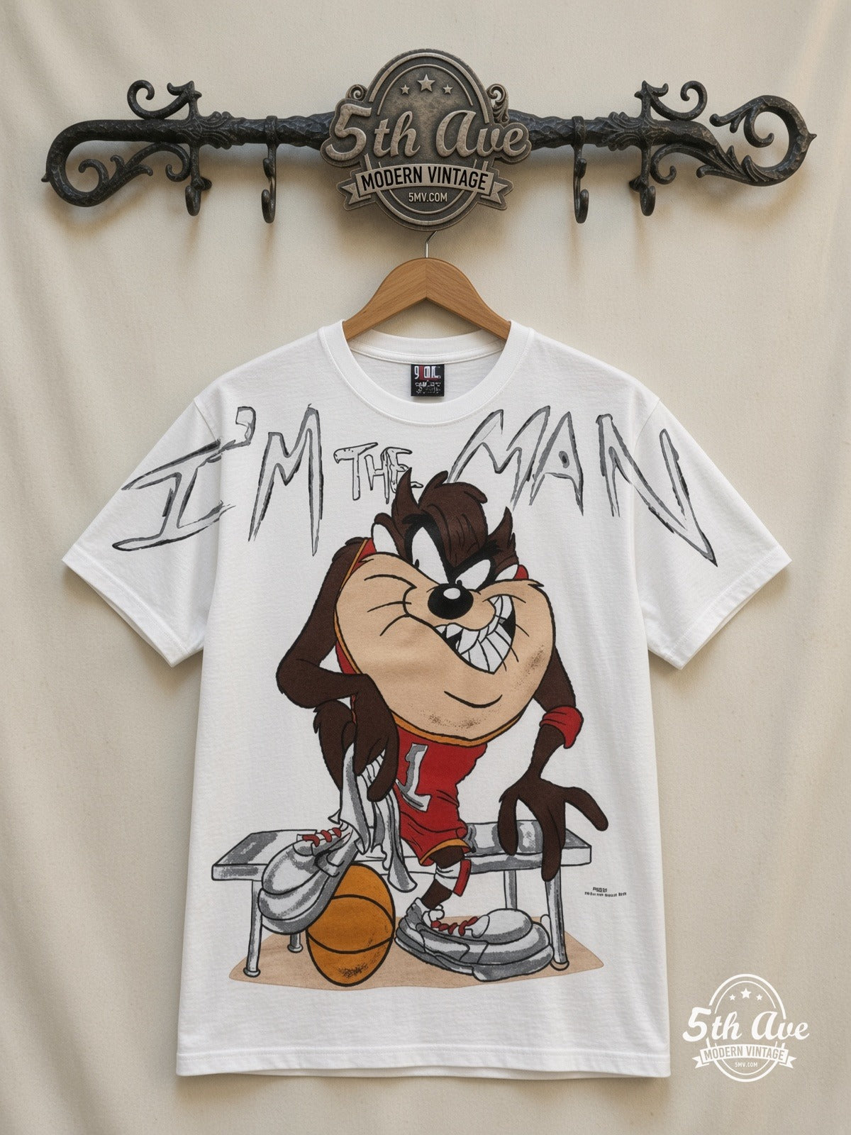 Looney Tunes Taz I'm The Man Basketball all over print vintage cartoon t-shirt front on cream 5th Ave rack