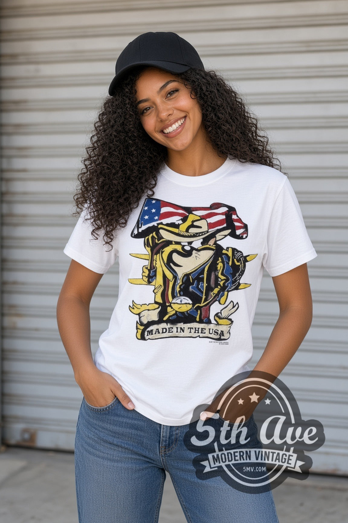 Model wearing the Looney Tunes Taz Made in the USA Cowboy Flag cartoon tee in white