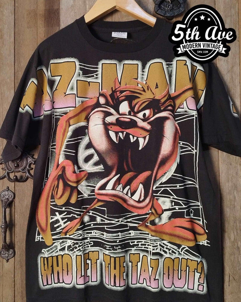 Vintage 1990s 2024 looney Tunes Taz Mr. Fit-It All Over Print Shirt