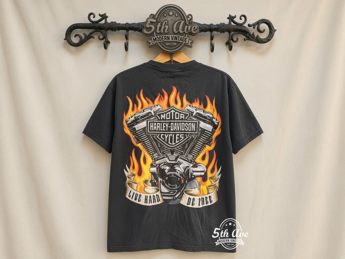 Harley-Davidson – Taz Wings Flames Live Hard Be Free – New Vintage Graphic Tee vintage tee on 5th Ave cream rack — back