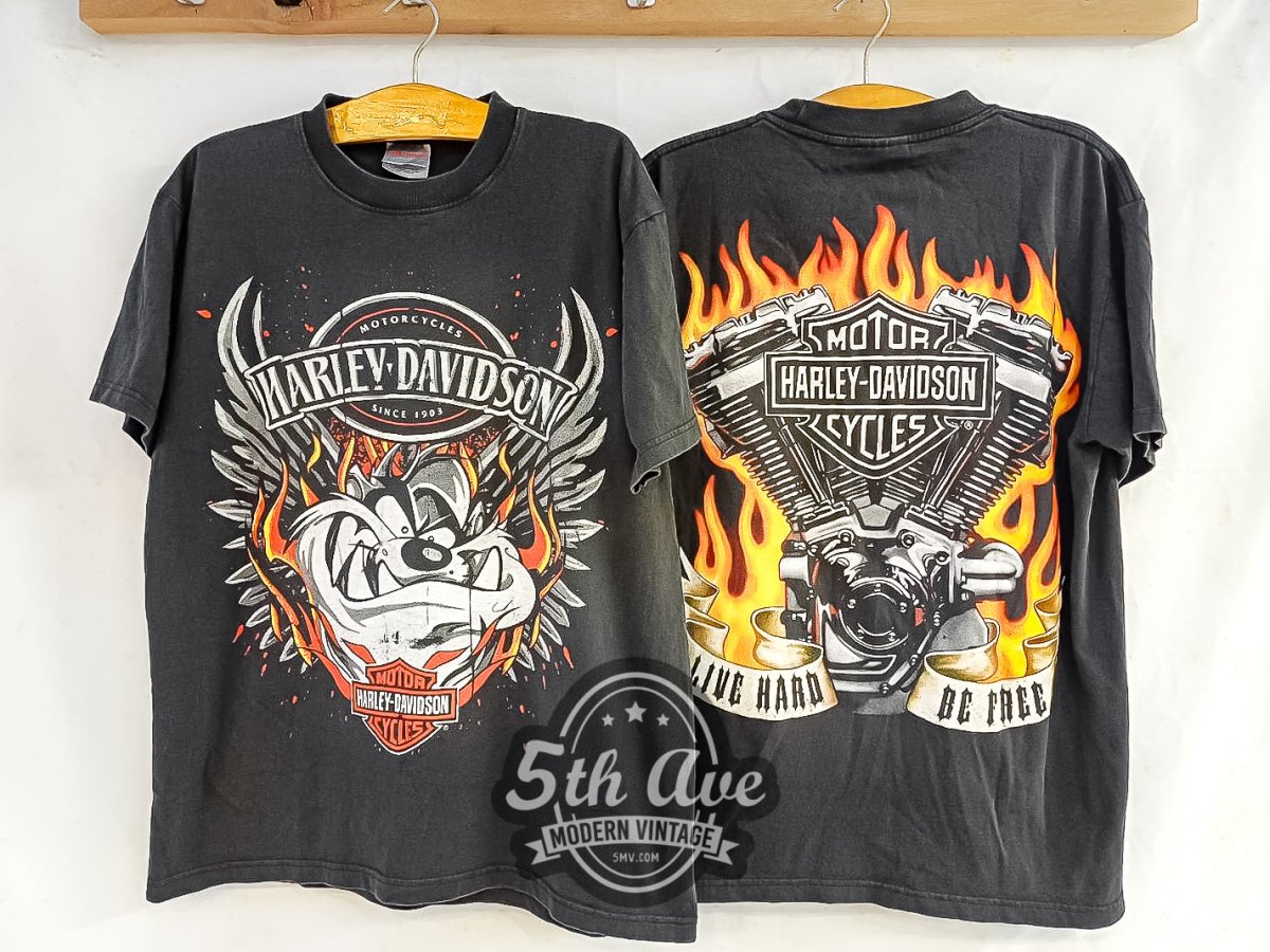 Looney Tunes Taz - Mania x Harley Davidson 'LIVE HARD BE FREE' - Vintage Reprint Animation T-Shirt - Vintage Band Shirts