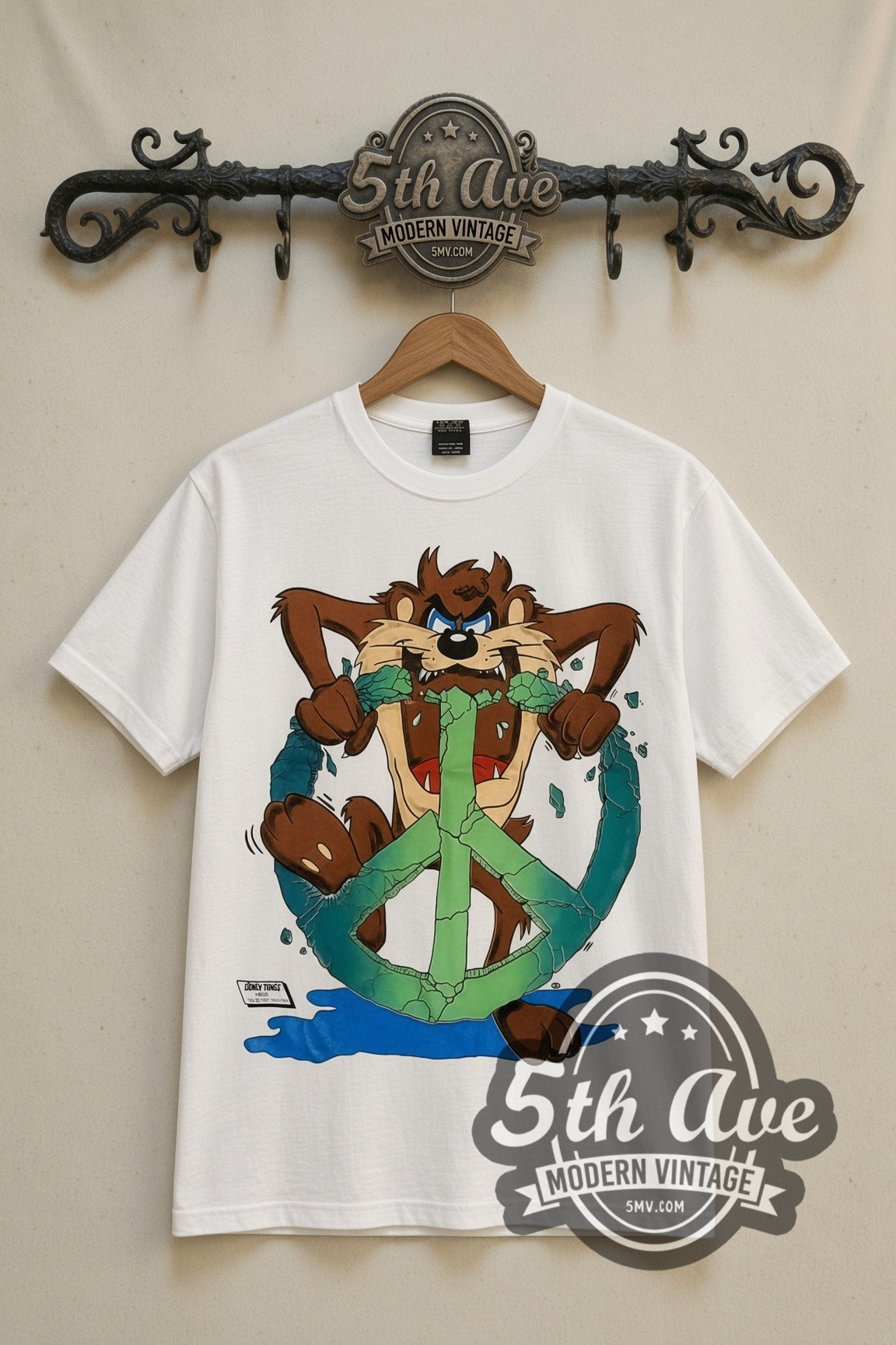 Looney Tunes Taz Peace Sign cartoon tee in white, front view on a display rack