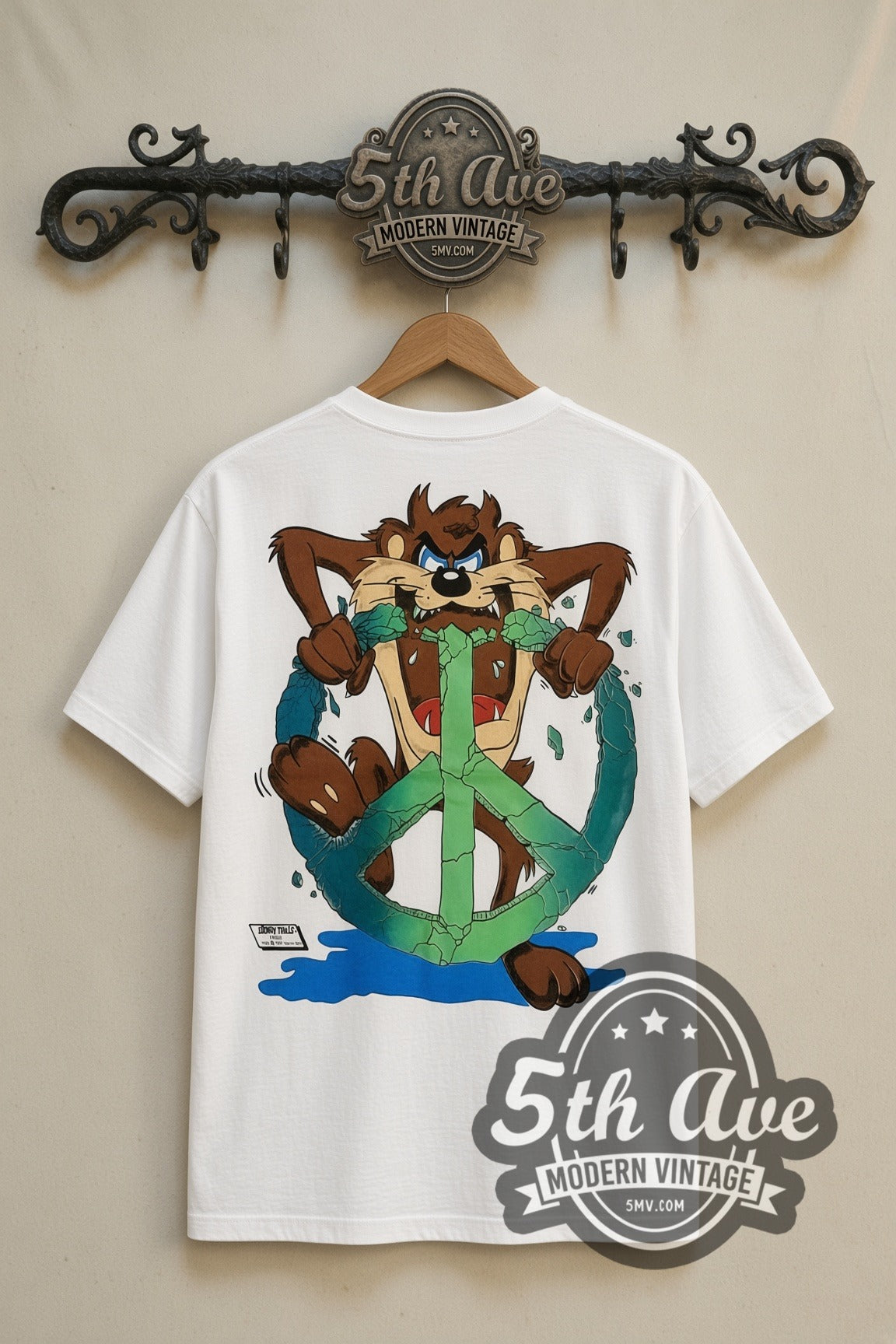 Looney Tunes Taz Peace Sign cartoon tee in white, back view on a display rack