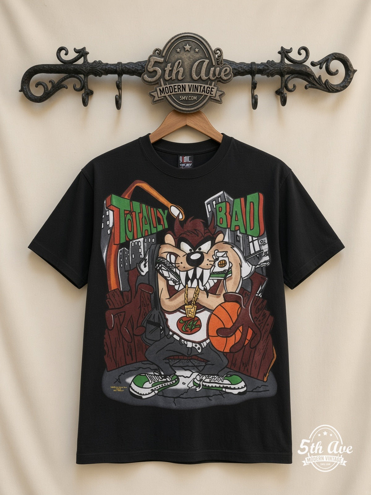 Looney Tunes Taz Totally Bad Hip-Hop all over print vintage cartoon t-shirt front on cream 5th Ave rack