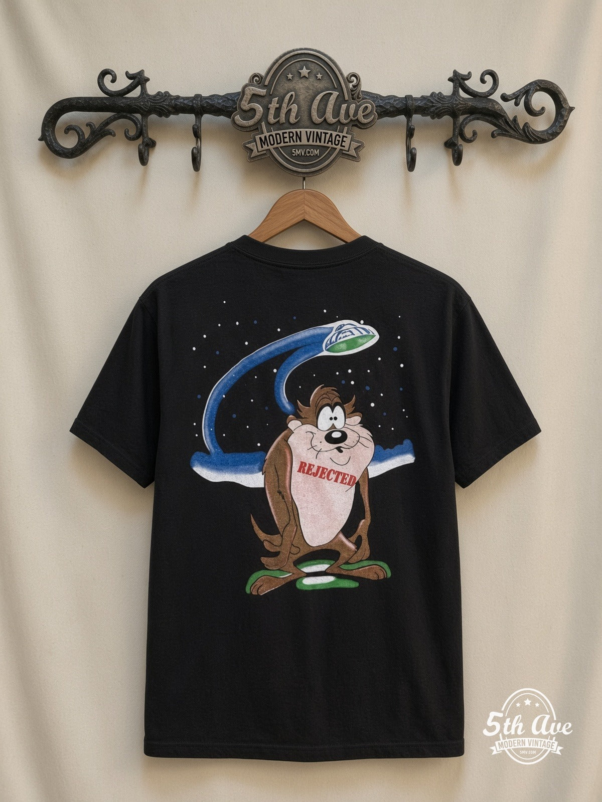 Looney Tunes Taz UFO Abduction all over print vintage tee back on cream 5th Ave rack