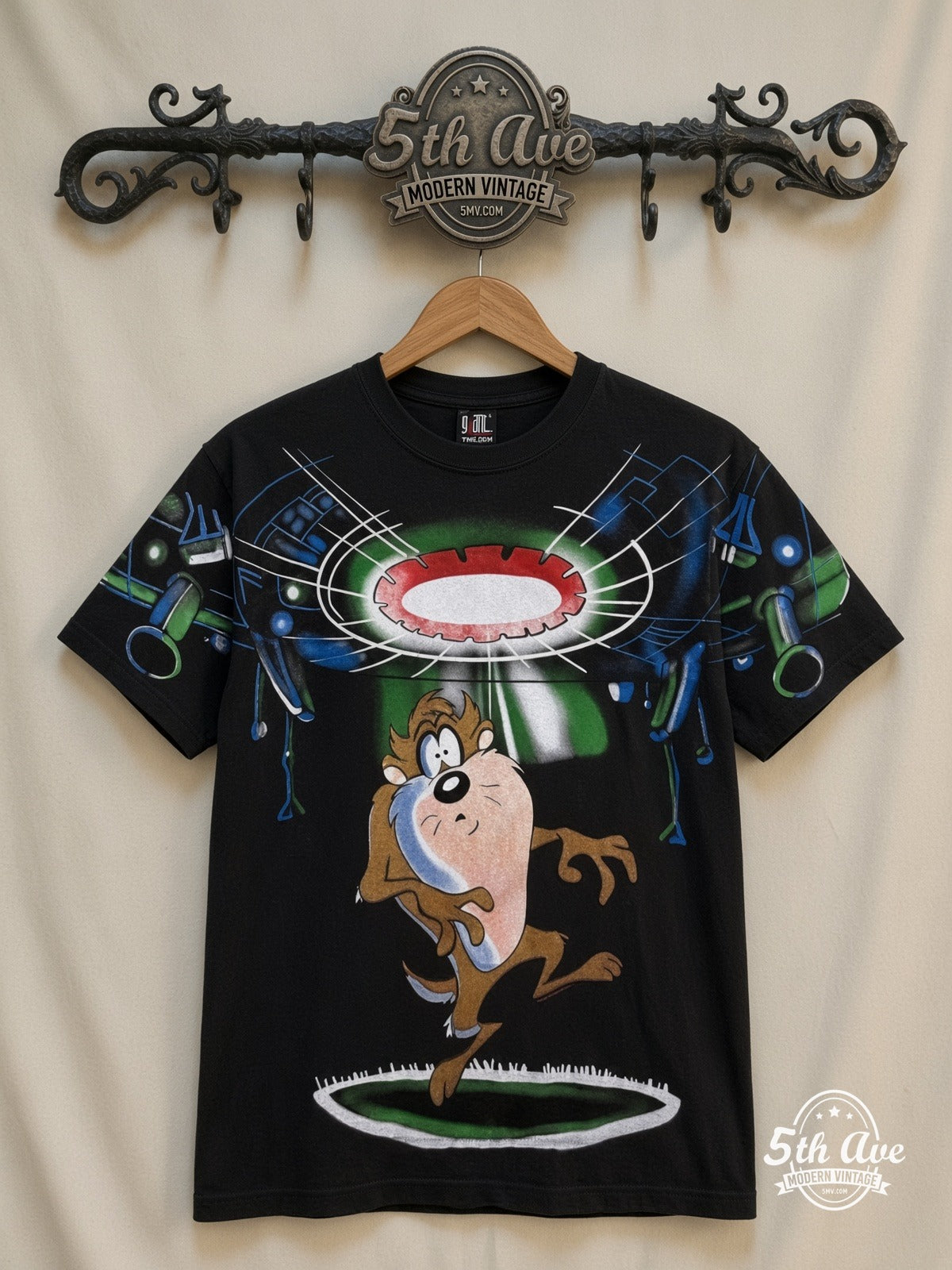 Looney Tunes Taz UFO Abduction all over print vintage cartoon t-shirt front on cream 5th Ave rack