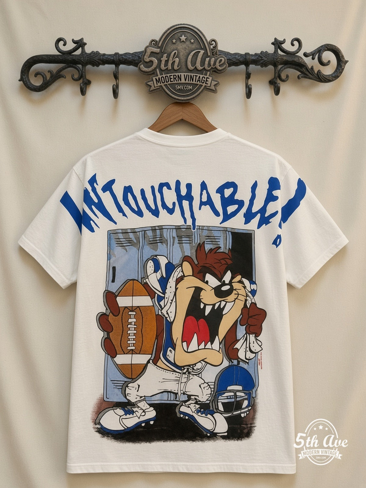 Looney Tunes Taz Untouchable Football all over print vintage tee back on cream 5th Ave rack