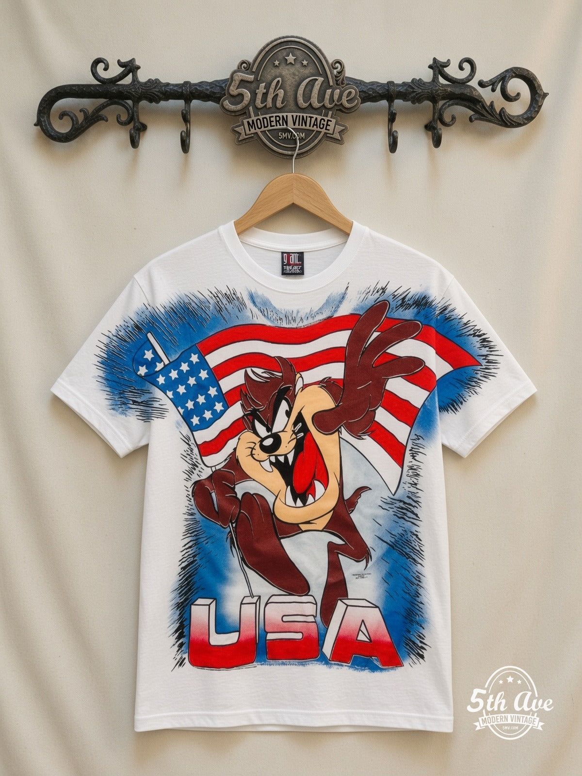 Looney Tunes Taz USA Flag all over print vintage cartoon t-shirt front on cream 5th Ave rack