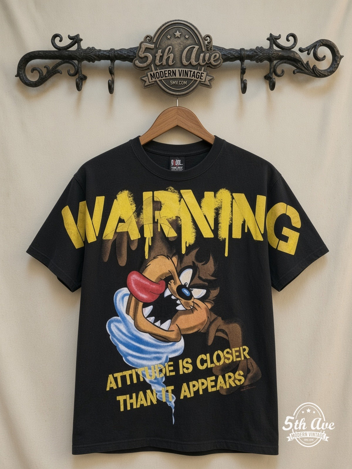 Looney Tunes Taz Warning Attitude all over print vintage cartoon t-shirt front on cream 5th Ave rack
