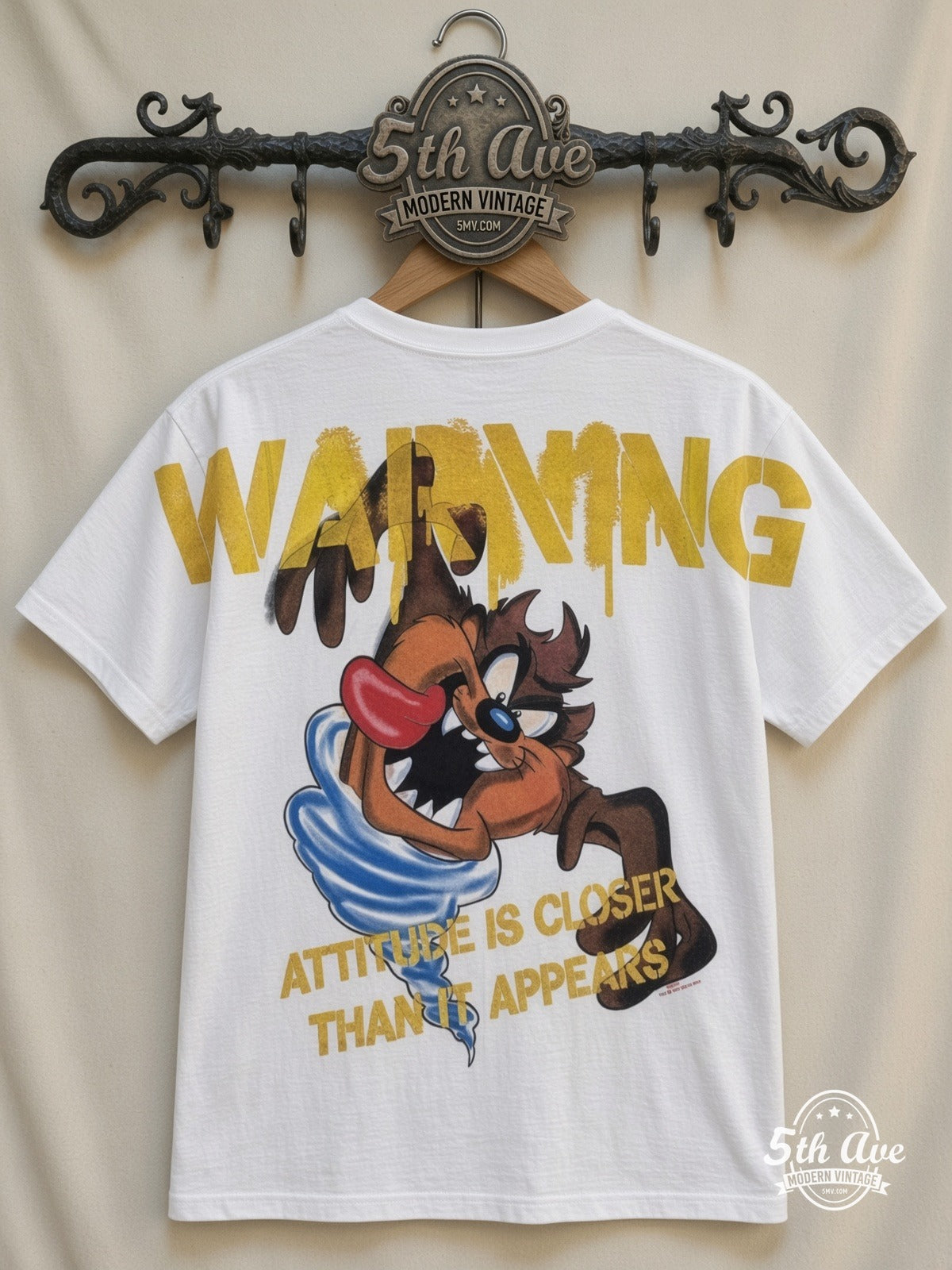 Looney Tunes Taz Warning Attitude all over print vintage tee back on cream 5th Ave rack