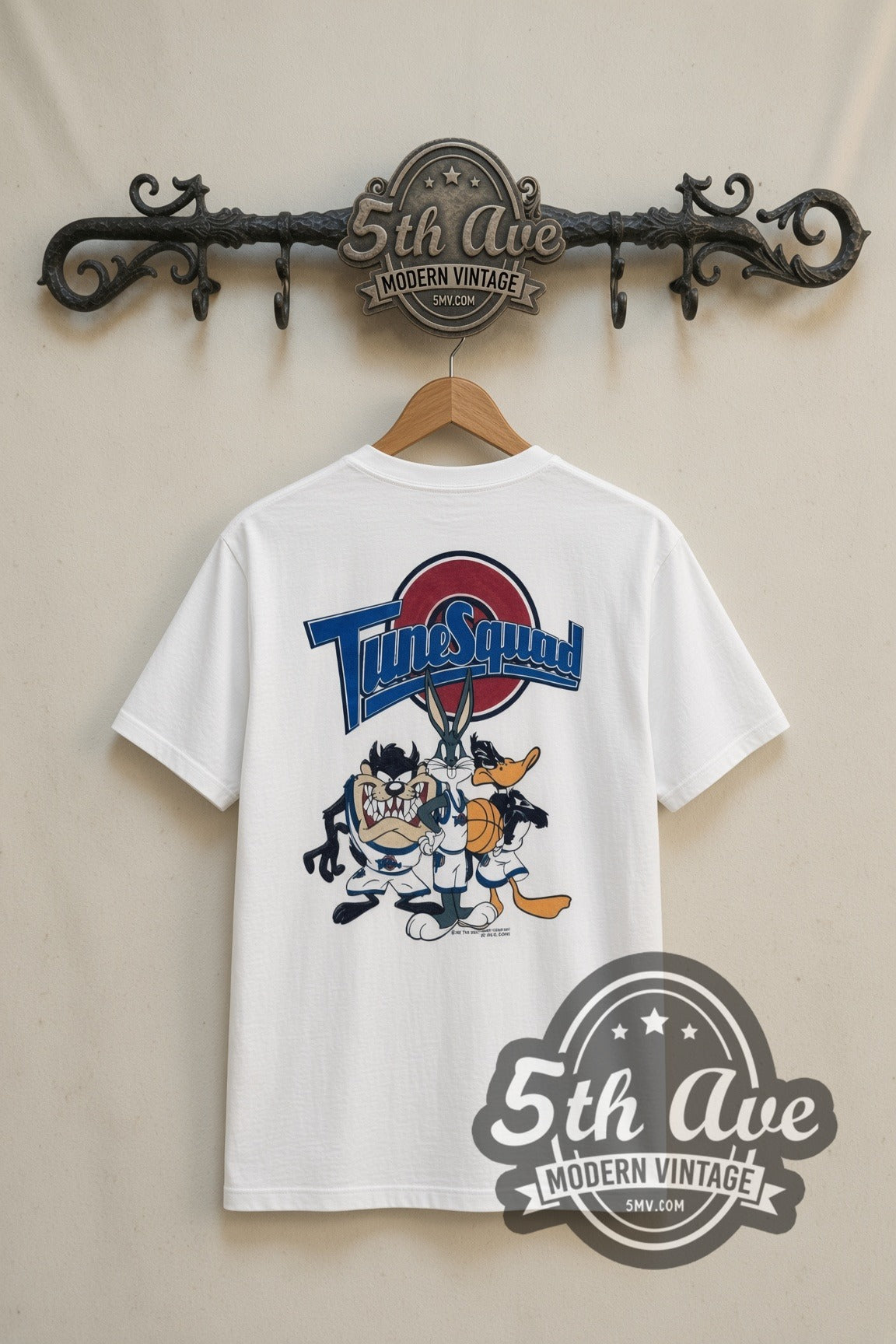 Looney Tunes Tune Squad Group cartoon tee in white, back view on a display rack