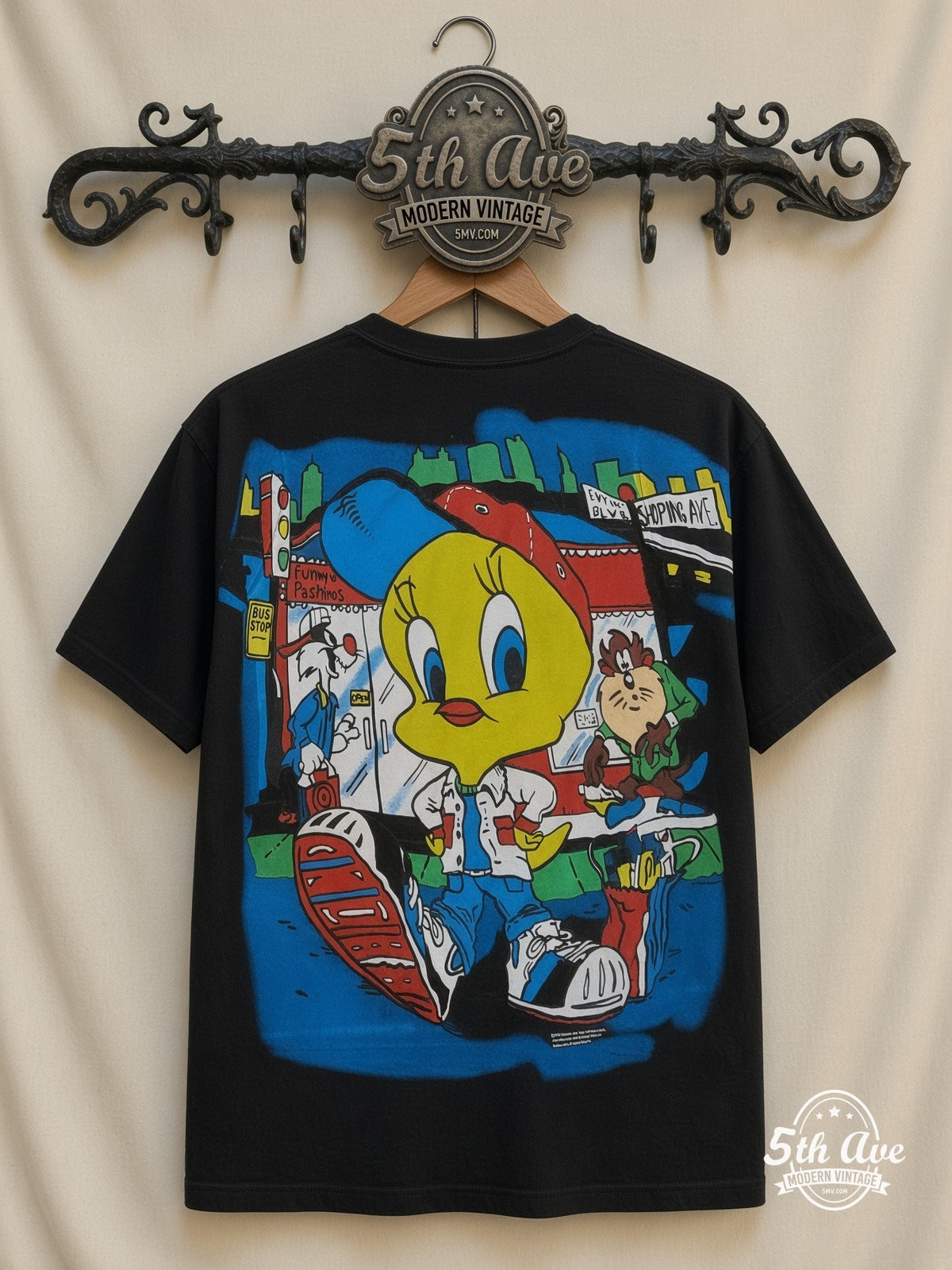 Looney Tunes Tweety Streetwear City all over print vintage tee back on cream 5th Ave rack