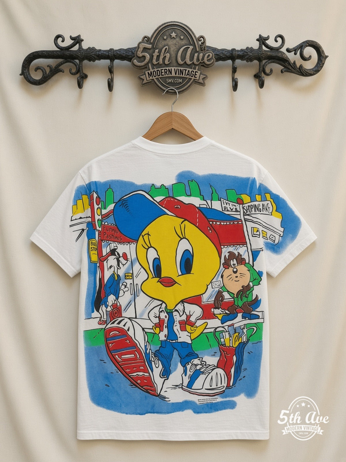 Looney Tunes Tweety Streetwear City all over print vintage tee back on cream 5th Ave rack