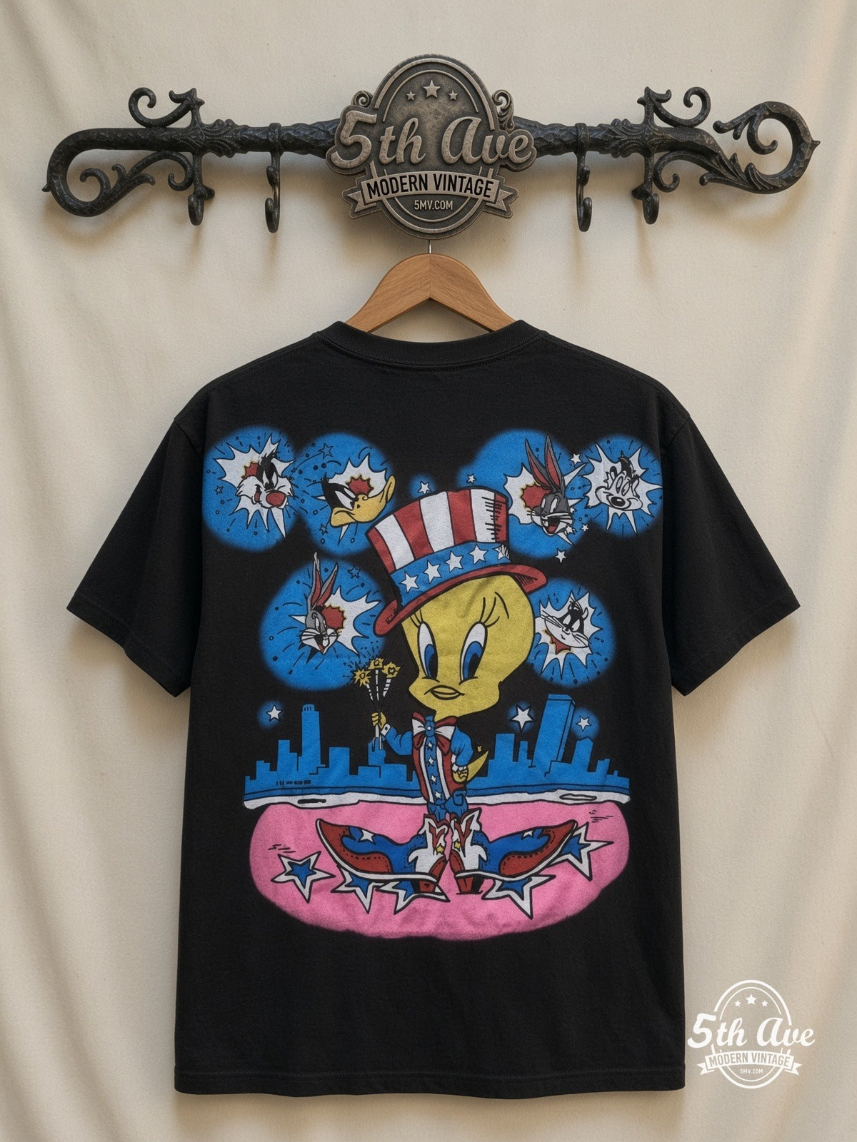Looney Tunes Tweety Uncle Sam Patriotic all over print vintage tee back on cream 5th Ave rack
