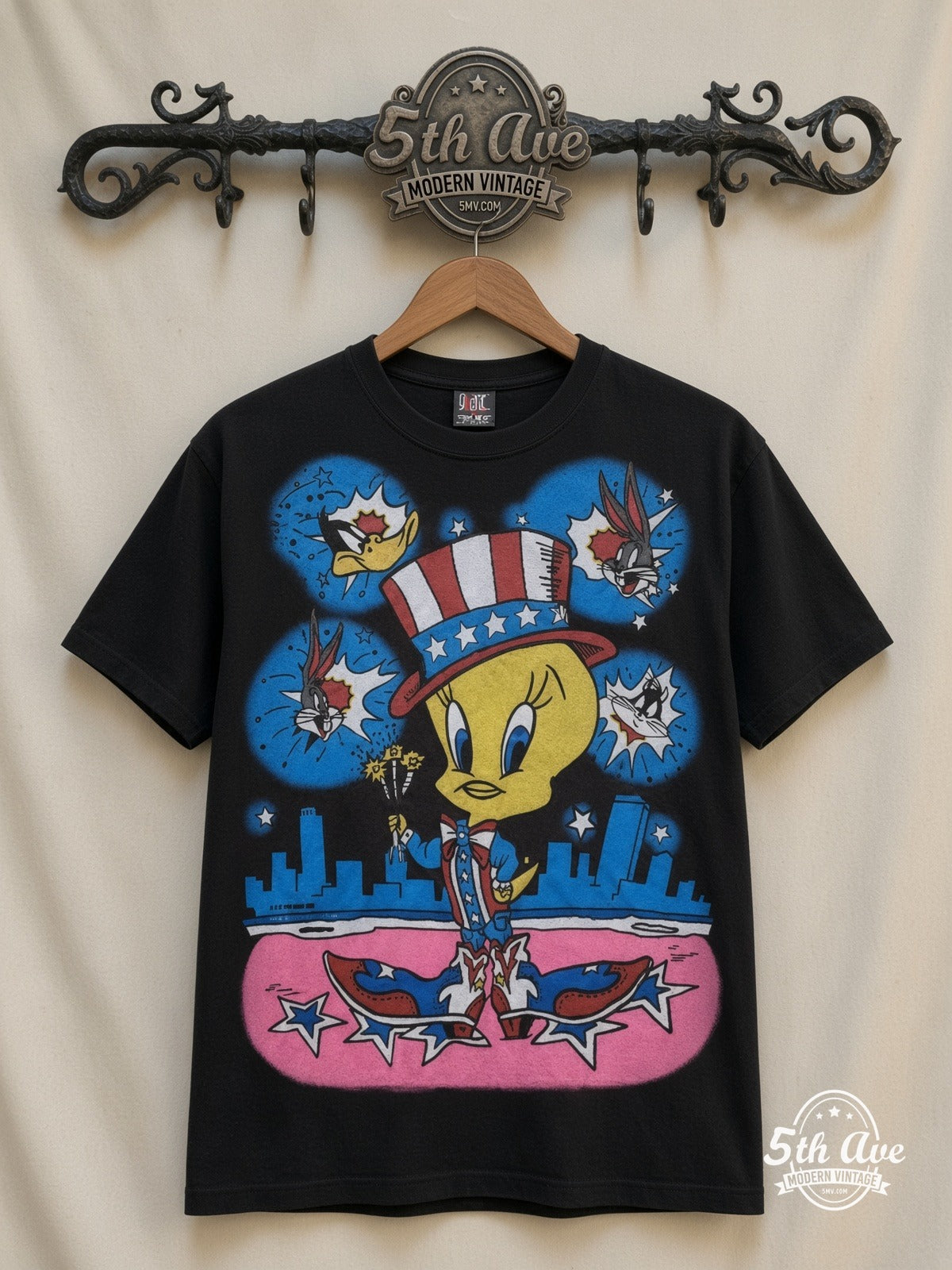 Looney Tunes Tweety Uncle Sam Patriotic all over print vintage cartoon t-shirt front on cream 5th Ave rack