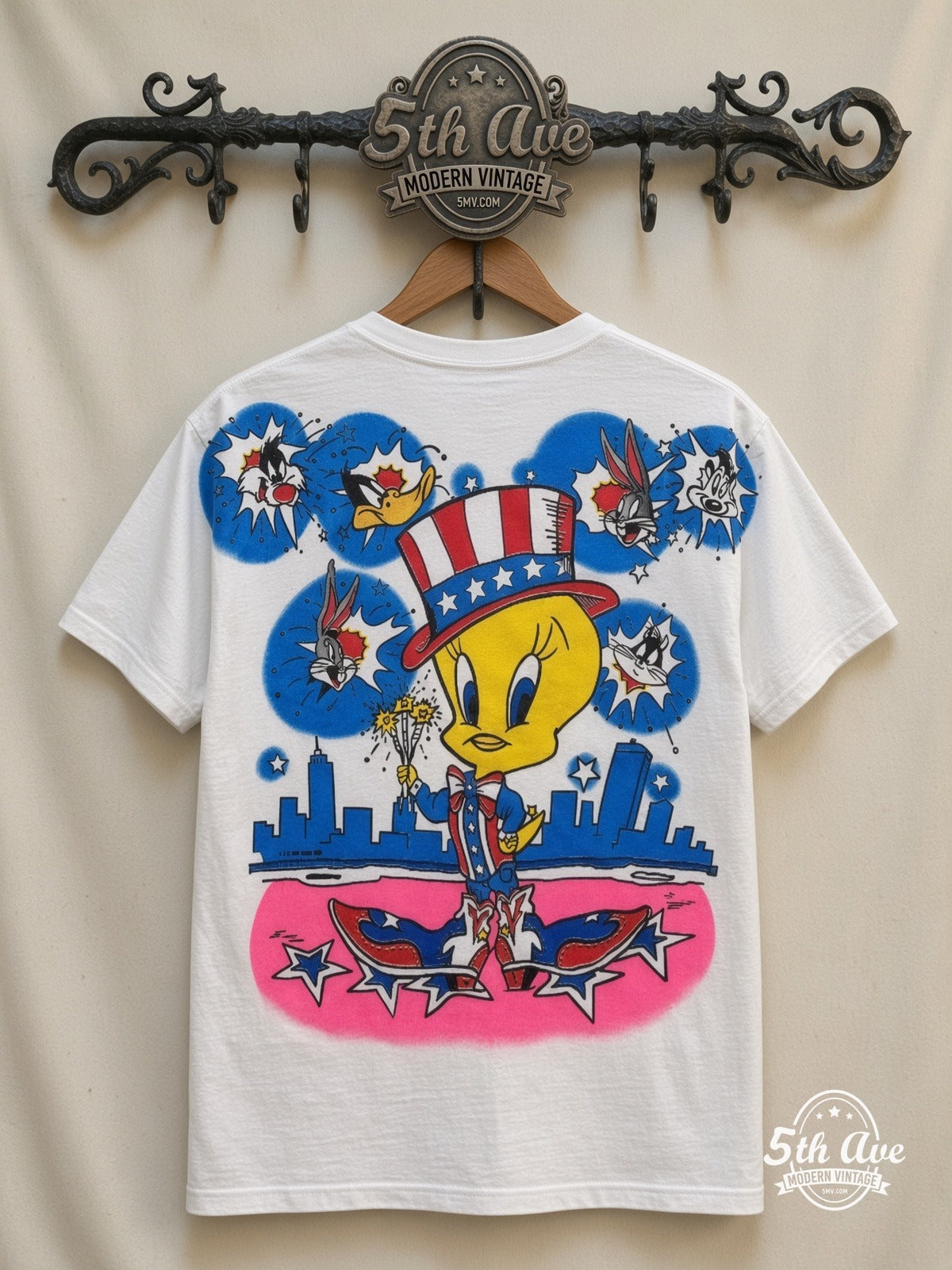 Looney Tunes Tweety Uncle Sam Patriotic all over print vintage tee back on cream 5th Ave rack