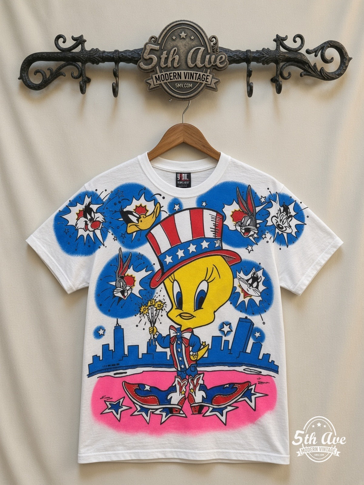 Looney Tunes Tweety Uncle Sam Patriotic all over print vintage cartoon t-shirt front on cream 5th Ave rack